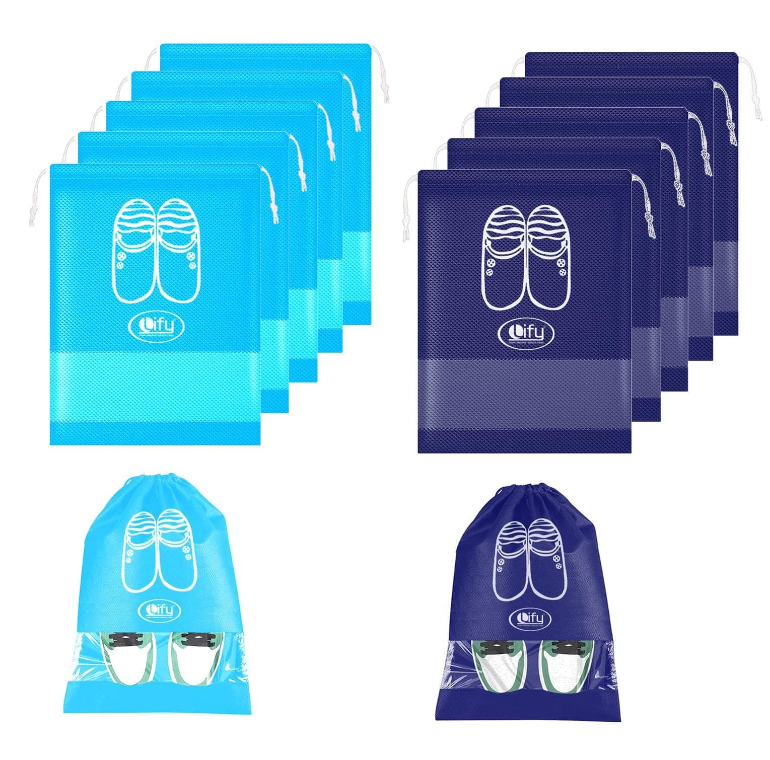 Lify Travel Shoe Bags, Portable Travel Shoe Tote Bags - Packing Organizers for Men and Women- Aqua Blue (6 Pcs) + Navy Blue (6 Pcs) - 12 Piece Pack