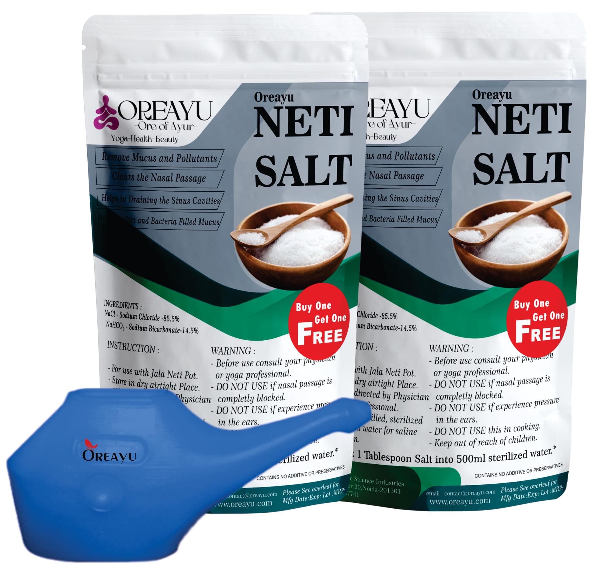 OREAYU Neti Salt for Jal Neti with jala neti pot 200g +200g with neti pot