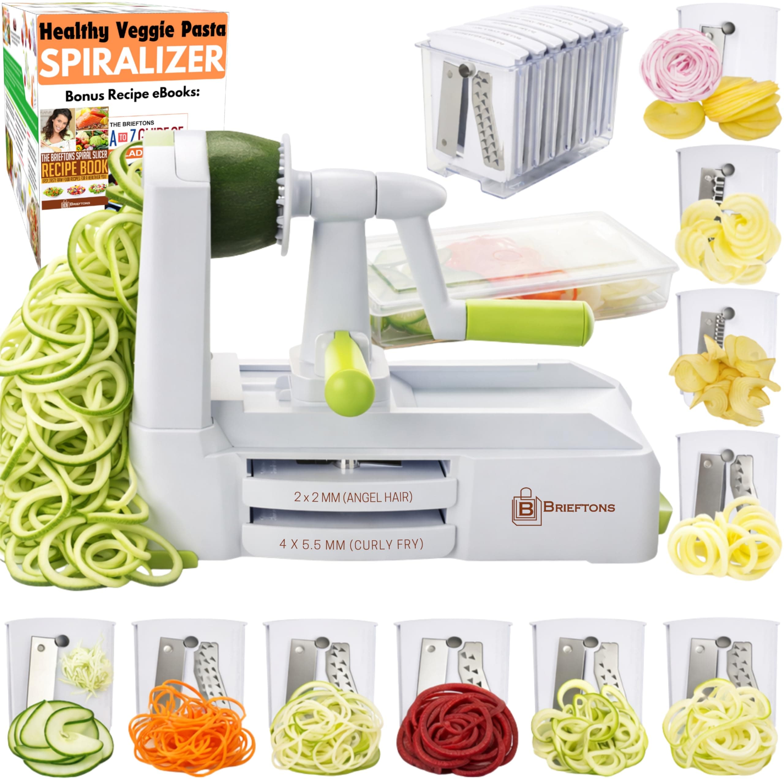 Brieftons 10-Blade Spiralizer: Strongest-and-Heaviest Vegetable Spiral Slicer, Best Veggie Pasta Spaghetti Maker for Low Carb/Paleo/Gluten-Free, with Blade Caddy, Container, Lid & 4 Recipe Ebooks