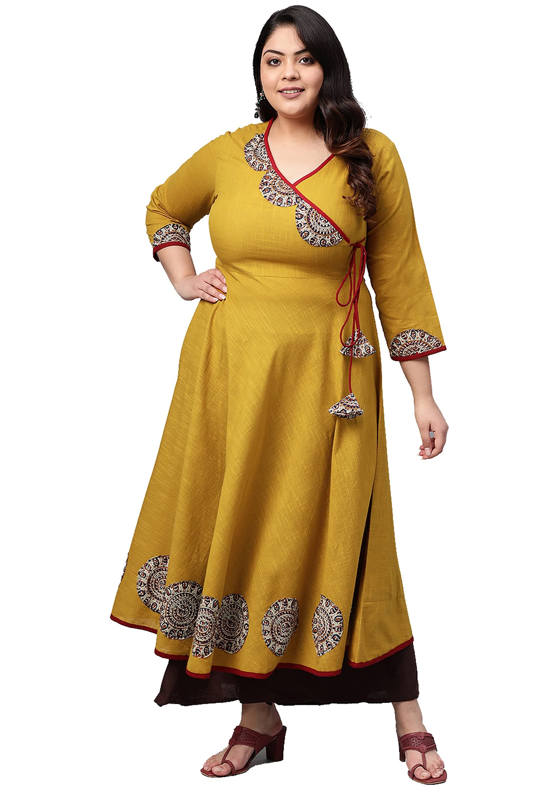 Yash Gallery Women's Plus Size Cotton Slub Regular Fit Patch Work Angrakha Kurta for Women (165YK251MUSTRAD_Yellow_XX-Large)