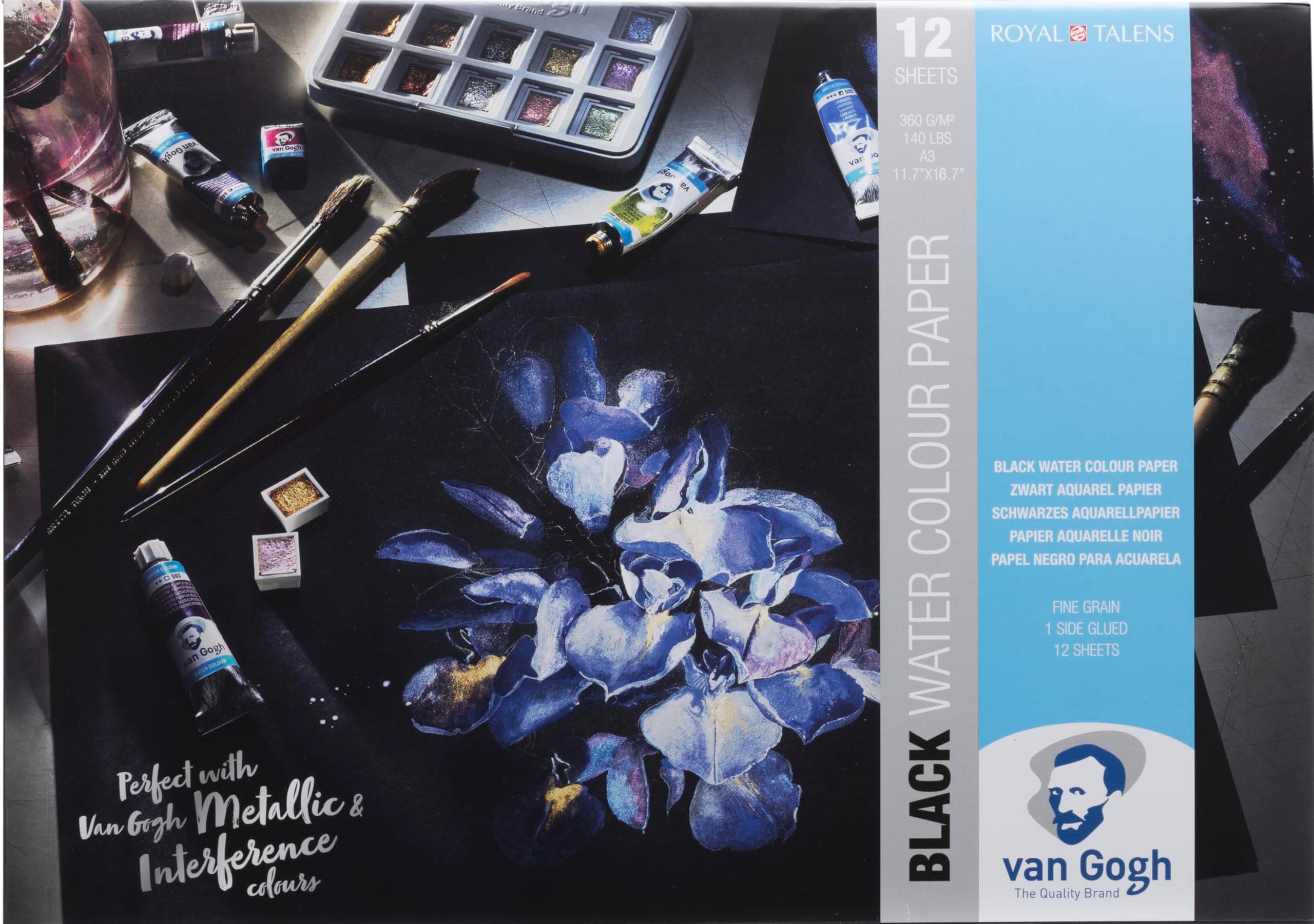 Van Gogh Watercolor Paper Pad, 140lb, Black Paper, 12 Sheets, 11.7" x 16.5" / A3