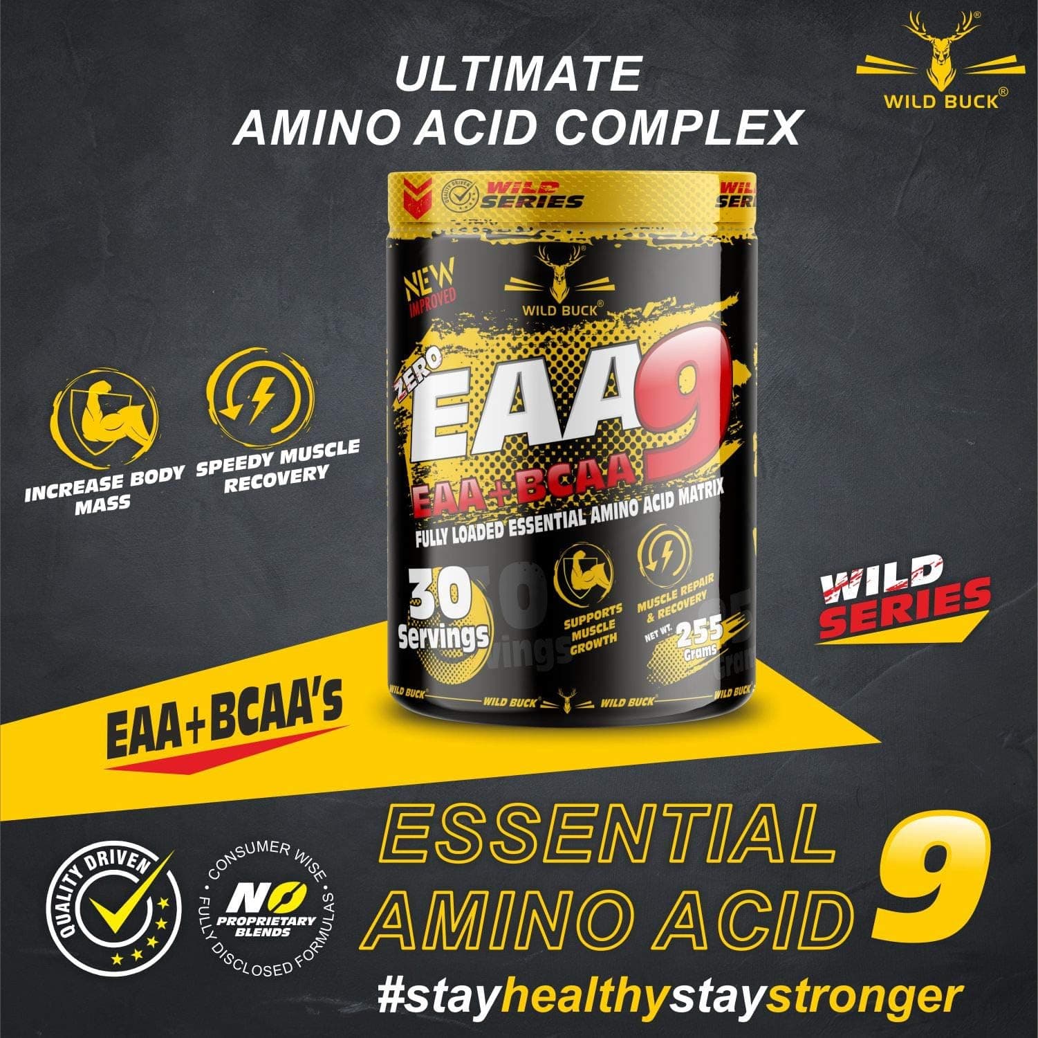WILD BUCK EAAs-BCAA Energy Drink for Workout | Pre/Post Workout Supplement | Recovery | Muscle Protein Synthesis | EAAs-BCAA, All 9 Essential Amino Acids [30,255g] Free Shaker