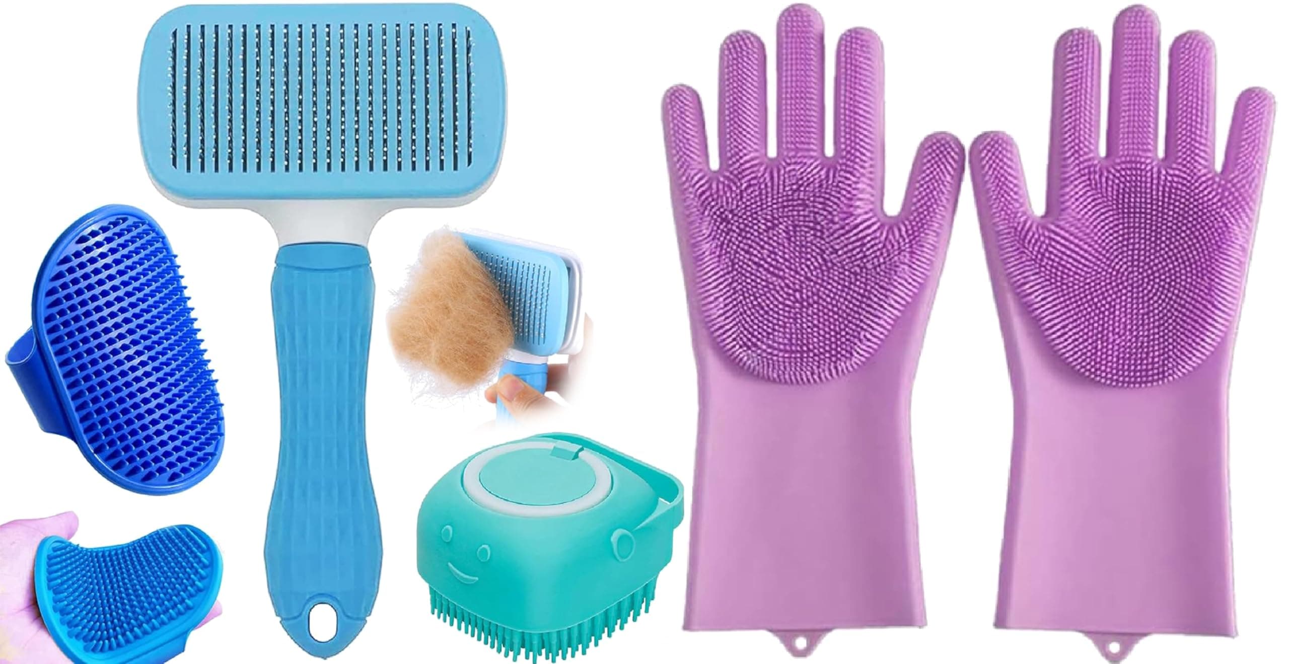 AVRIN 4-in-1 Pet Grooming Kit for Dogs & Cats | Includes Self-Cleaning Slicker Brush, Silicone Bath Gloves, Bath Scrubber & Cat Comb | Complete Pet Grooming Tools for All Hair Types| Dog Brush Kit