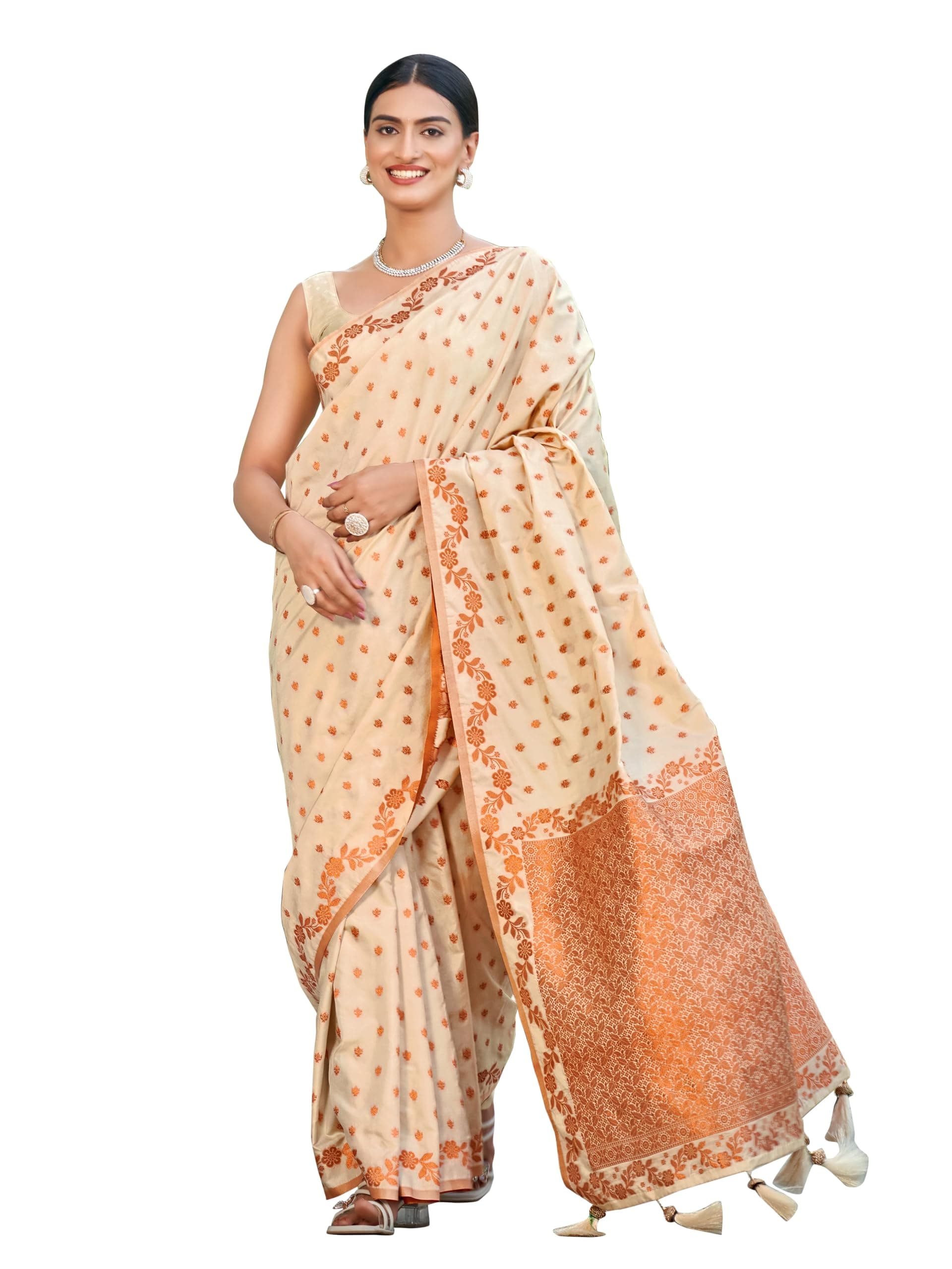MANOHARI Women's Trendy Banarasi Satin Silk Woven Saree with Heavy Jacquard Work, Elegant Design for Women with Lace Border Unstitched Blouse Piece for Weddings & Festive Occasions