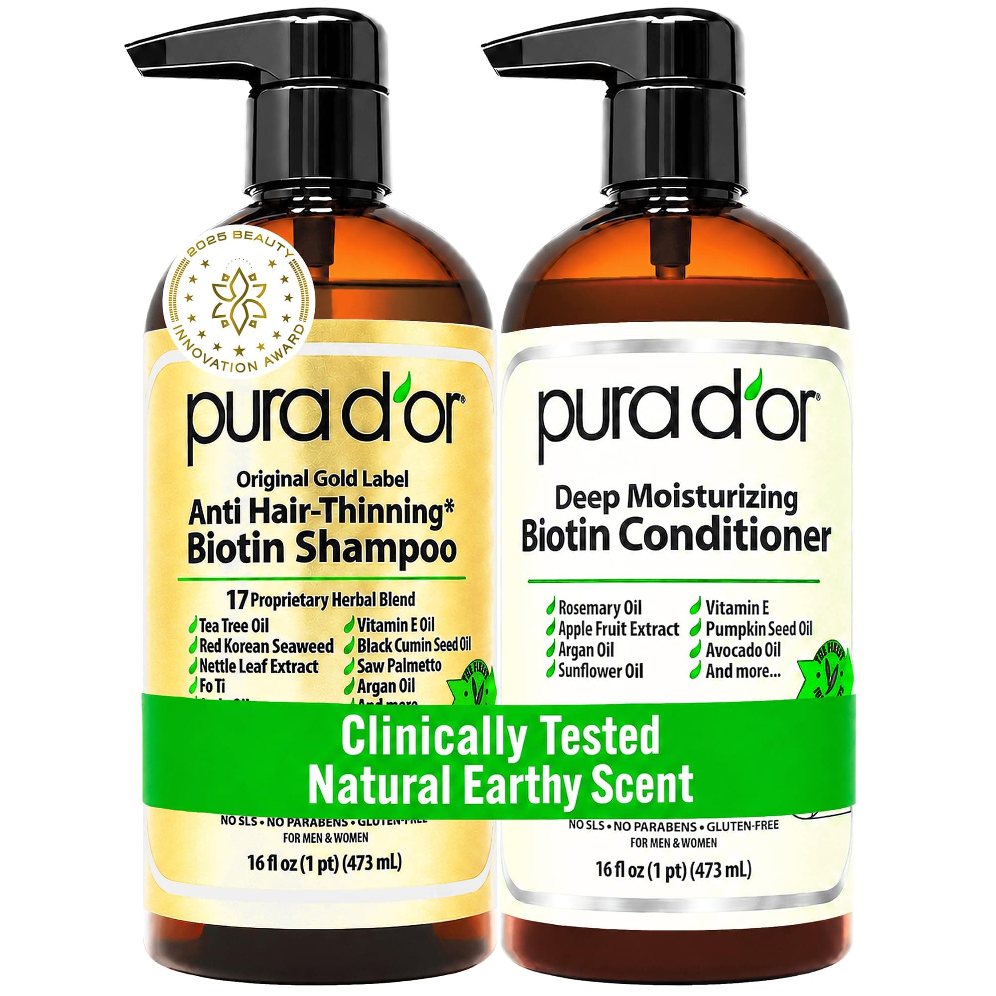 PURA D'OR Gold Label Anti-Thinning Deep Moisturizing Therapy Shampoo & Conditioner Set, Clinically Tested Effective Solution, Infused with Organic & Natural Ingredients for All Hair Types, Men & Women