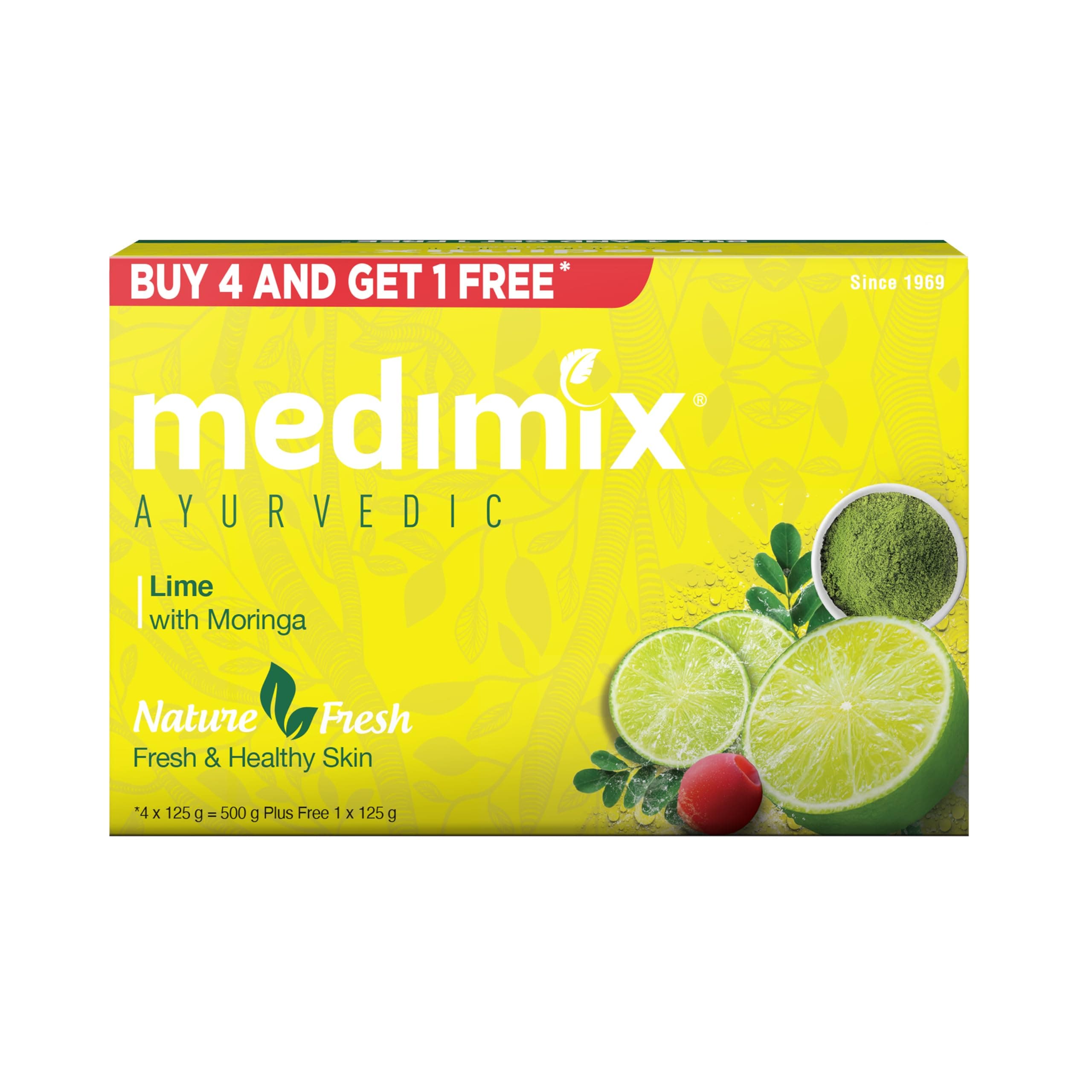 Medimix Ayurvedic Lime with Moringa Bathing Bar Soap 125g (Buy 4, Get 1 Extra Combo Pack) | Refreshed & Nourished Skin | Shop Herbal | Natural | Paraben-free & Sulphate-free | 100% Vegan