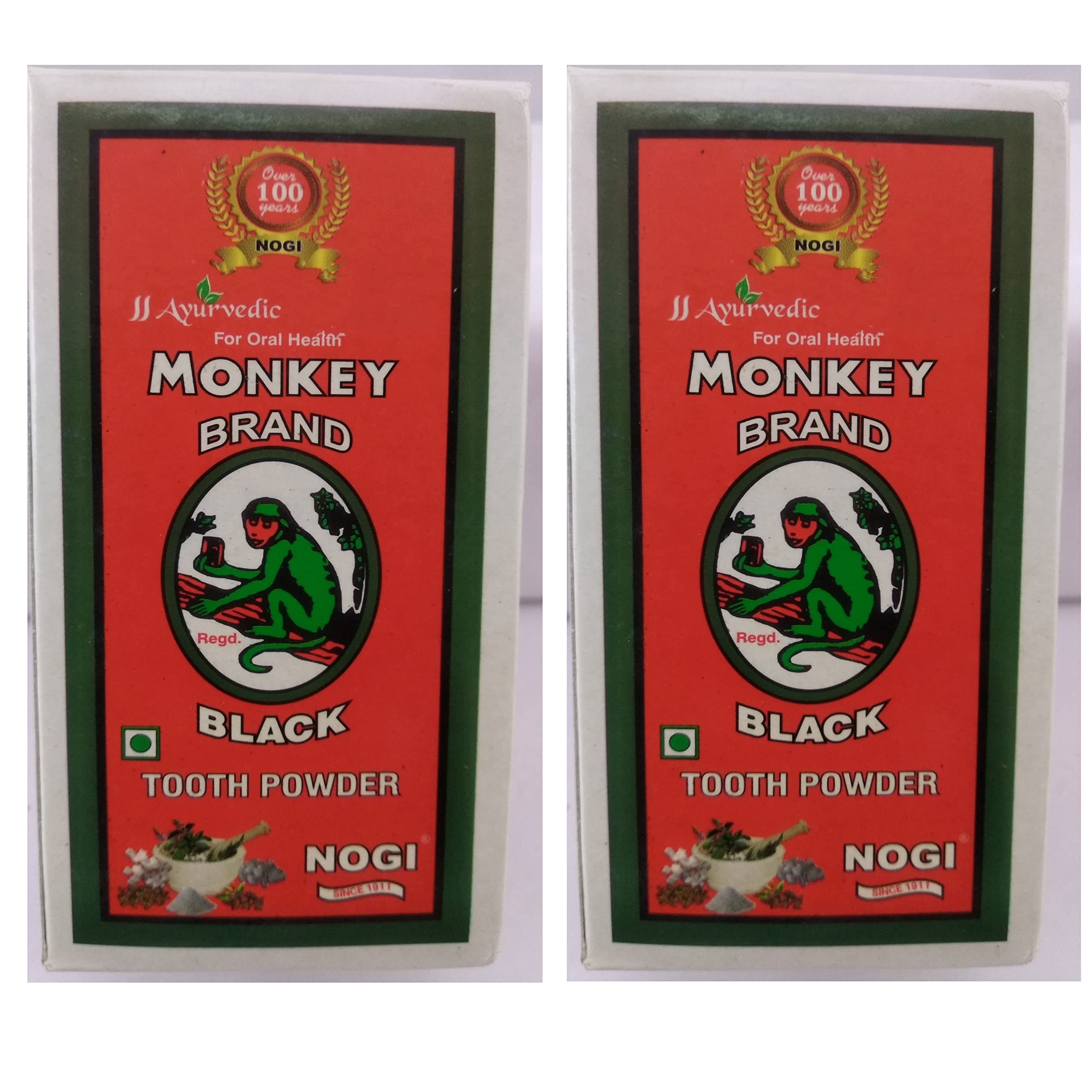 URJUWANI Nogi Monkey Brand Ayurvedic Tooth Powder for Fresh Breath and Improve Your Gum Health (Black, 100g + 100g) Pack of 2