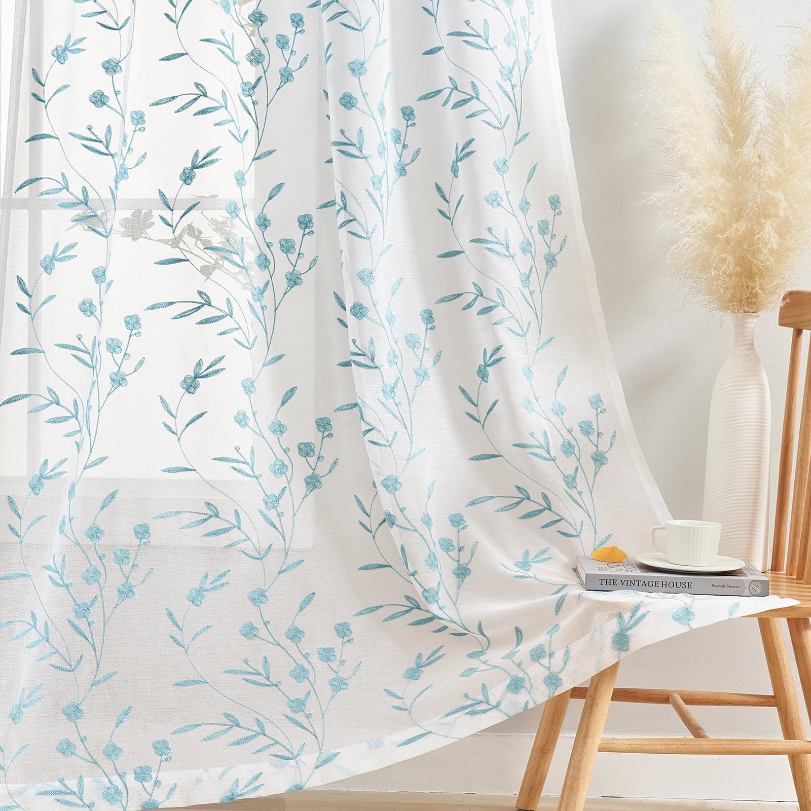 Sheer Curtains Floral Embroidery Blue 84 Inch Long Rod Pocket Lace Drapes for Living Room, Bedroom, 2 Panels, 52"x84", Semi Voile Pattern Outdoor Window Treatment Sets for Yard, Patio, Villa, Parlor.