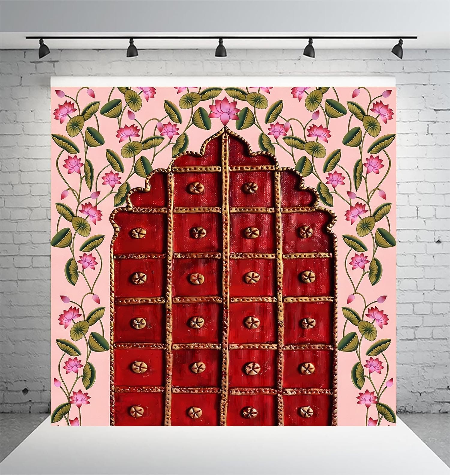 DHARA CREATION Door Entrance Design Printed (8FT-8FT) Backdrop Cloth for Pooja Decoration Traditional Background Curtain Cloth for Festival. (Washable Fabric)