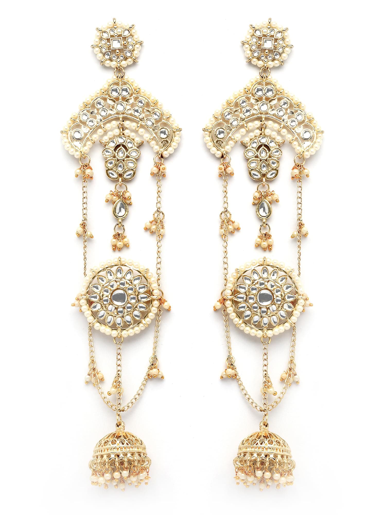 Karatcart Traditional Gold-Plated Kashmiri Kundan Long Drop Earrings with Jhumki Design for Women