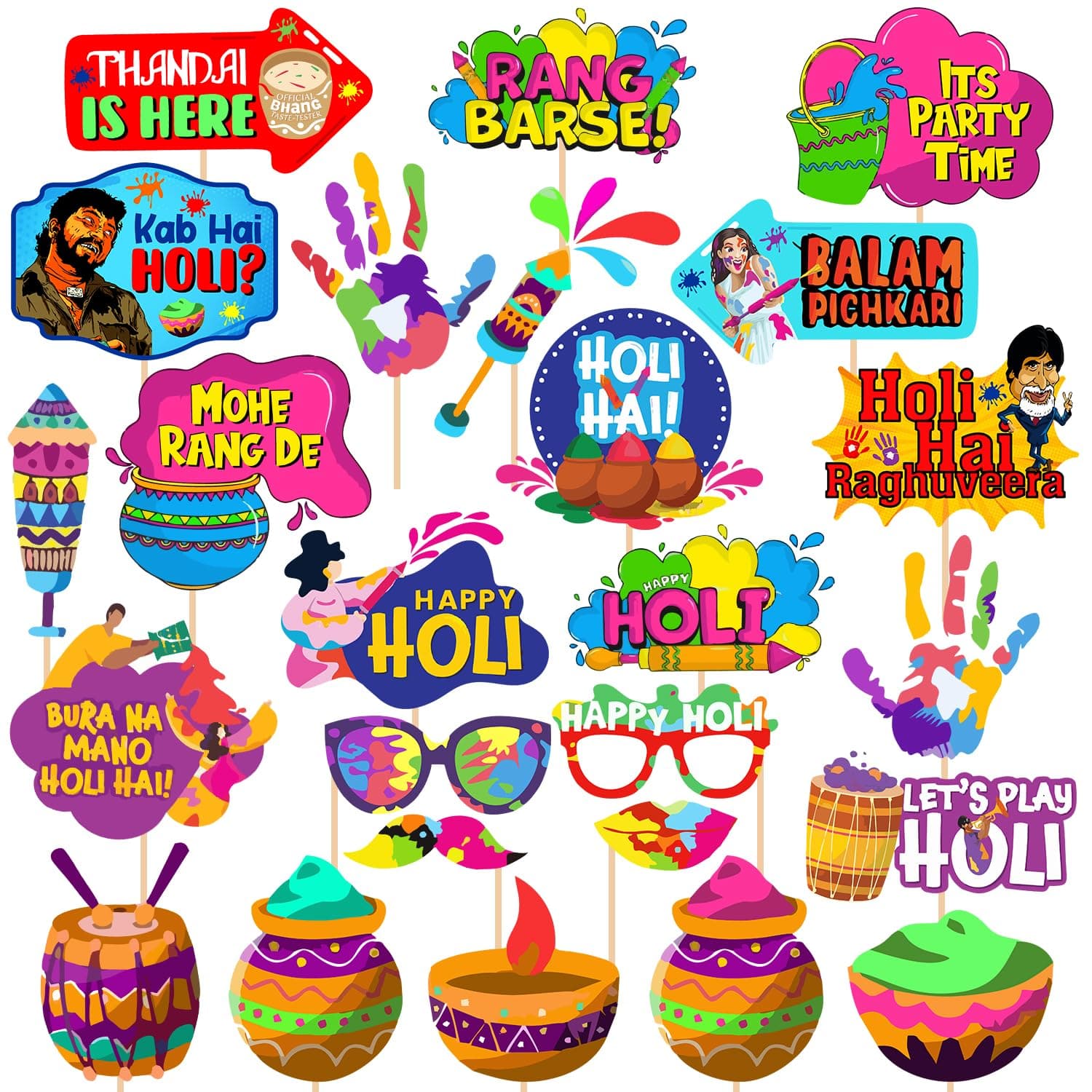 Zyozique Holi Photo Booth Props - Color Festival Photo Booths, Holi Decorations Photo Props, Holi Decorations Items/Holi Props (Pack of 25)