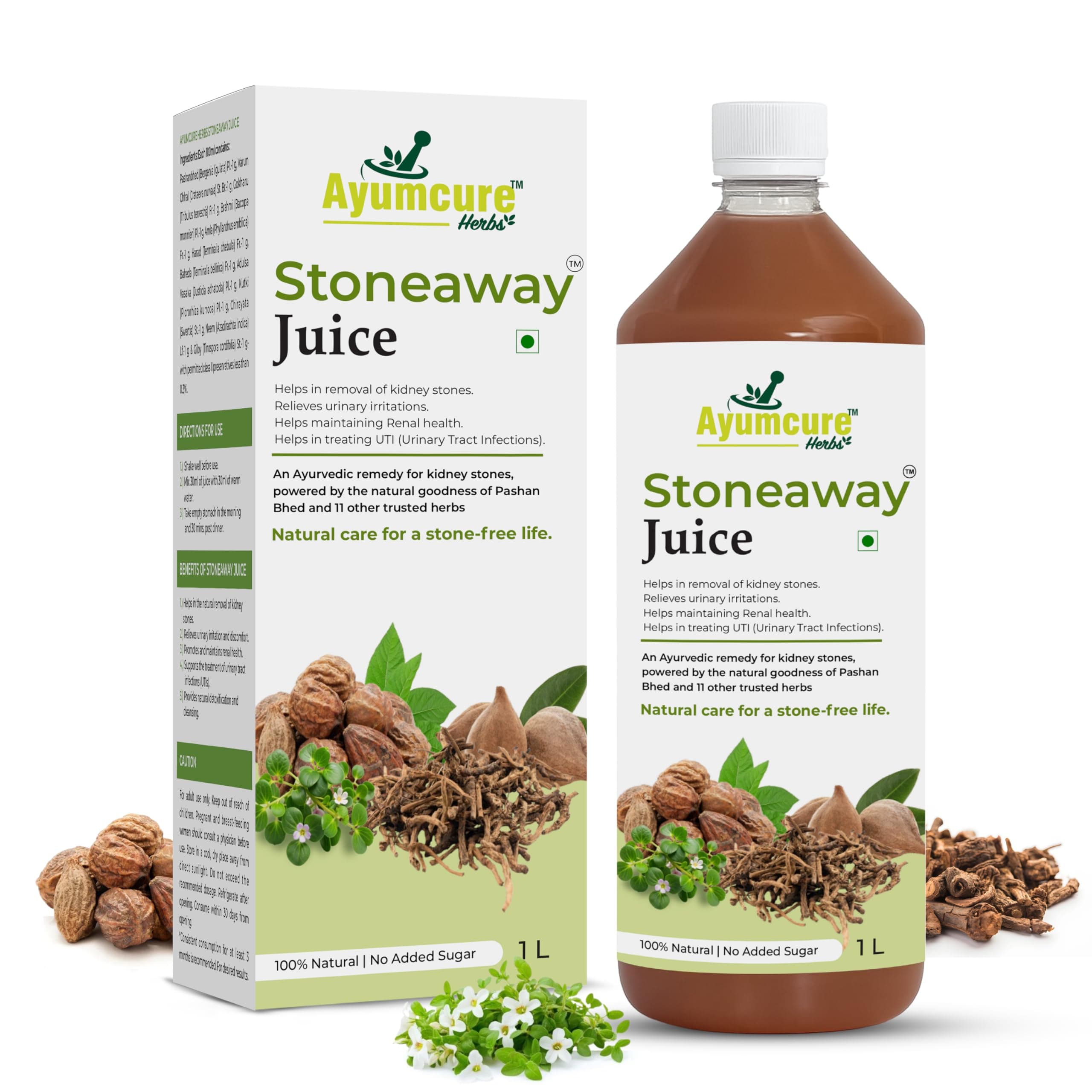 Ayumcure Stoneaway Juice 1L | Ayurvedic Blend with Pashan Bhed, Gokshura, Punarnava & 11+ Herbs | Supports Kidney Stone Removal, Relieves Urinary Irritation & UTI | 100% Natural