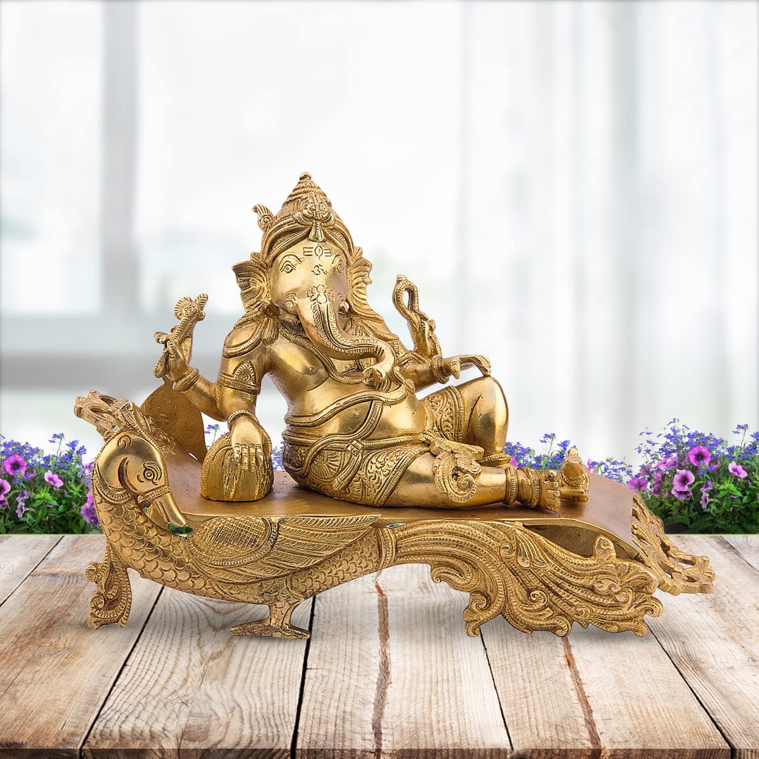 Kartique Brass Ganesha Statue on Peacock Throne, Murti 7.5 Inch Height, Elegant Golden Color, Spiritual Decor for Harmony and Prosperity