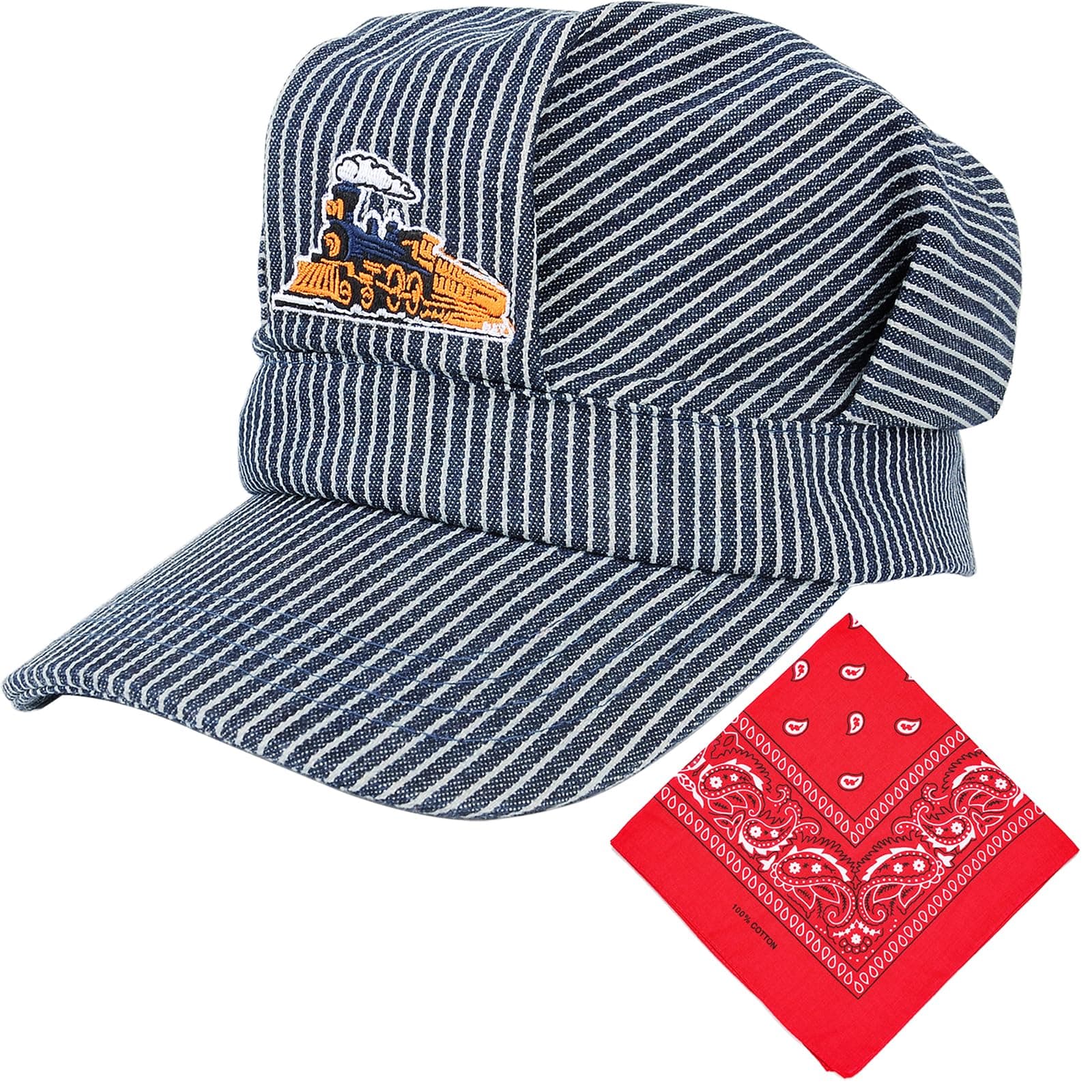 Engineer Cap Classic Blue and White Stripes Train Conductor Hat Paisley Bandanna (2 IN 1)Train Conductor Dress Up Kit for Children