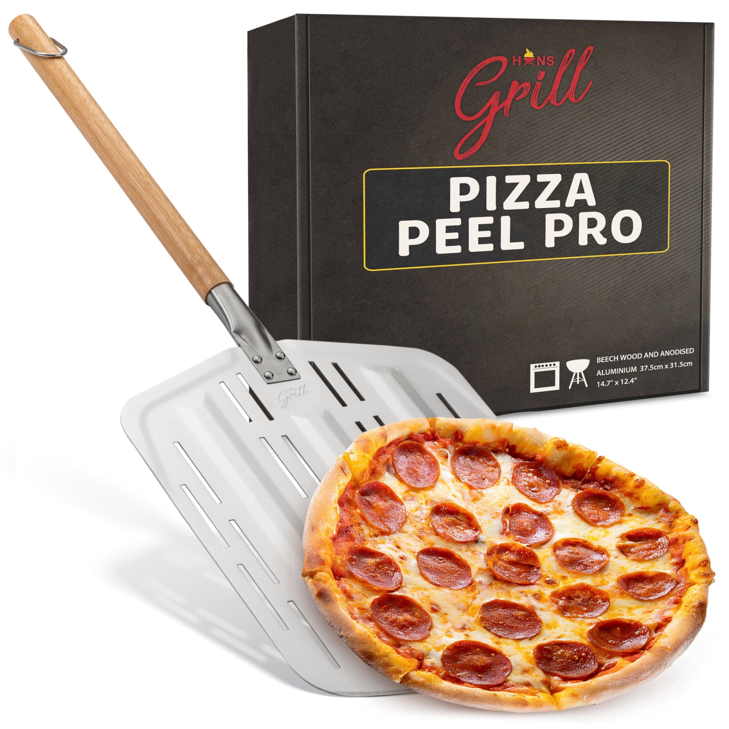 Hans Grill Pizza Peel PRO, Perforated Metal Non-Stick Paddle 12 Inch