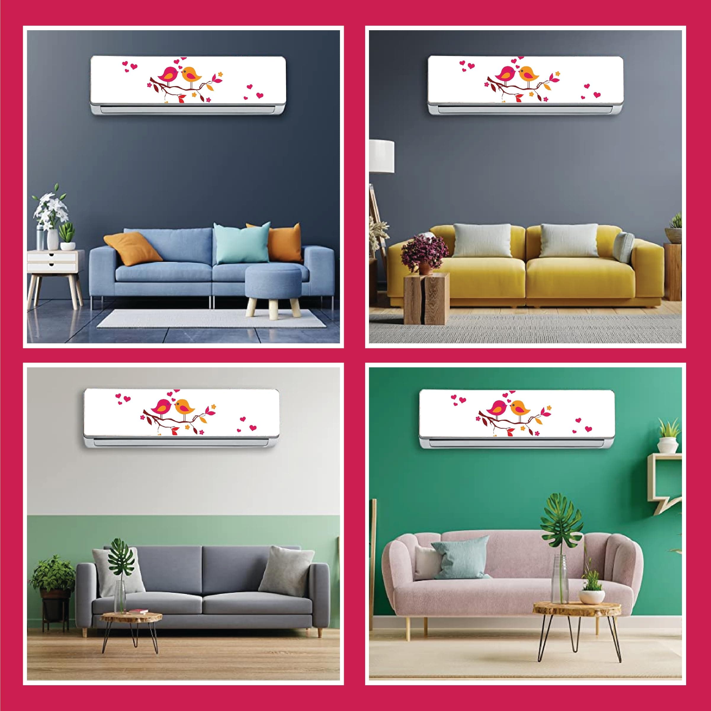 VVWV Love Birds AC Printed Sticker Air Conditioner Split Decals for Home Living Bed Room Office Shops Ac Fridge Wall Multicolored Vinyl Printed Stickers Standard Size (for All Models/Sizes/Brands)