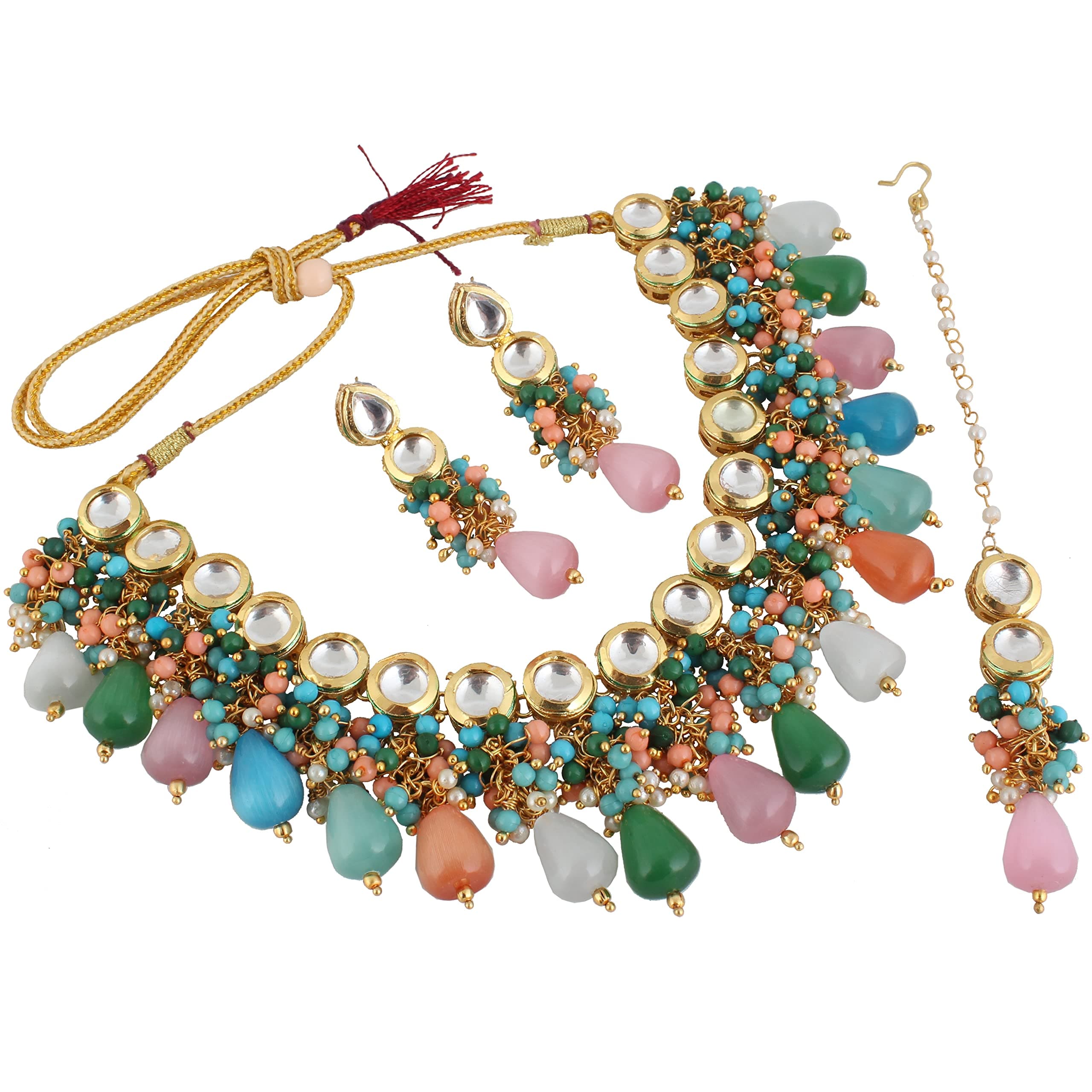 Lucky Jewellery Back Meenakari 18k Gold Plated Multicolor Tika Earring Combo Jewellery Set Uncut Kundan Big Faux Kundan Dibbi Kundan Choker Necklace Set for Girl's & Women
