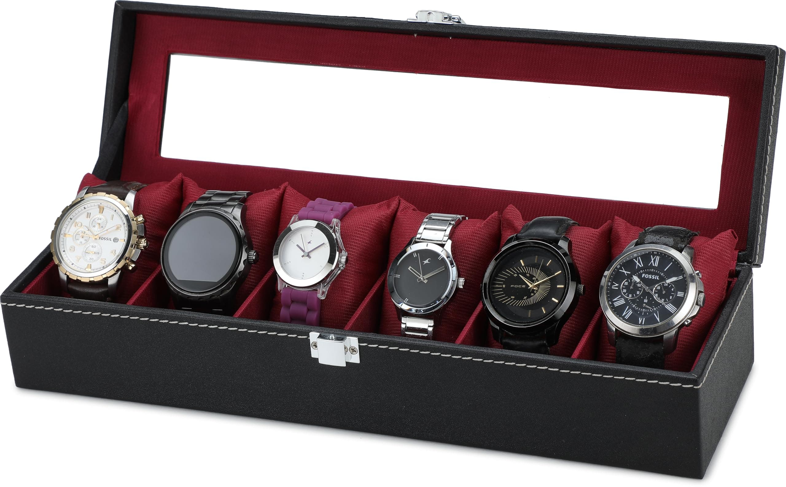 ZENWOOD Men Women 6 Slots Watch Box case organizer Leatherette Gift Box Black Color Watch Box (Black, Maroon, Holds 6 Watches)