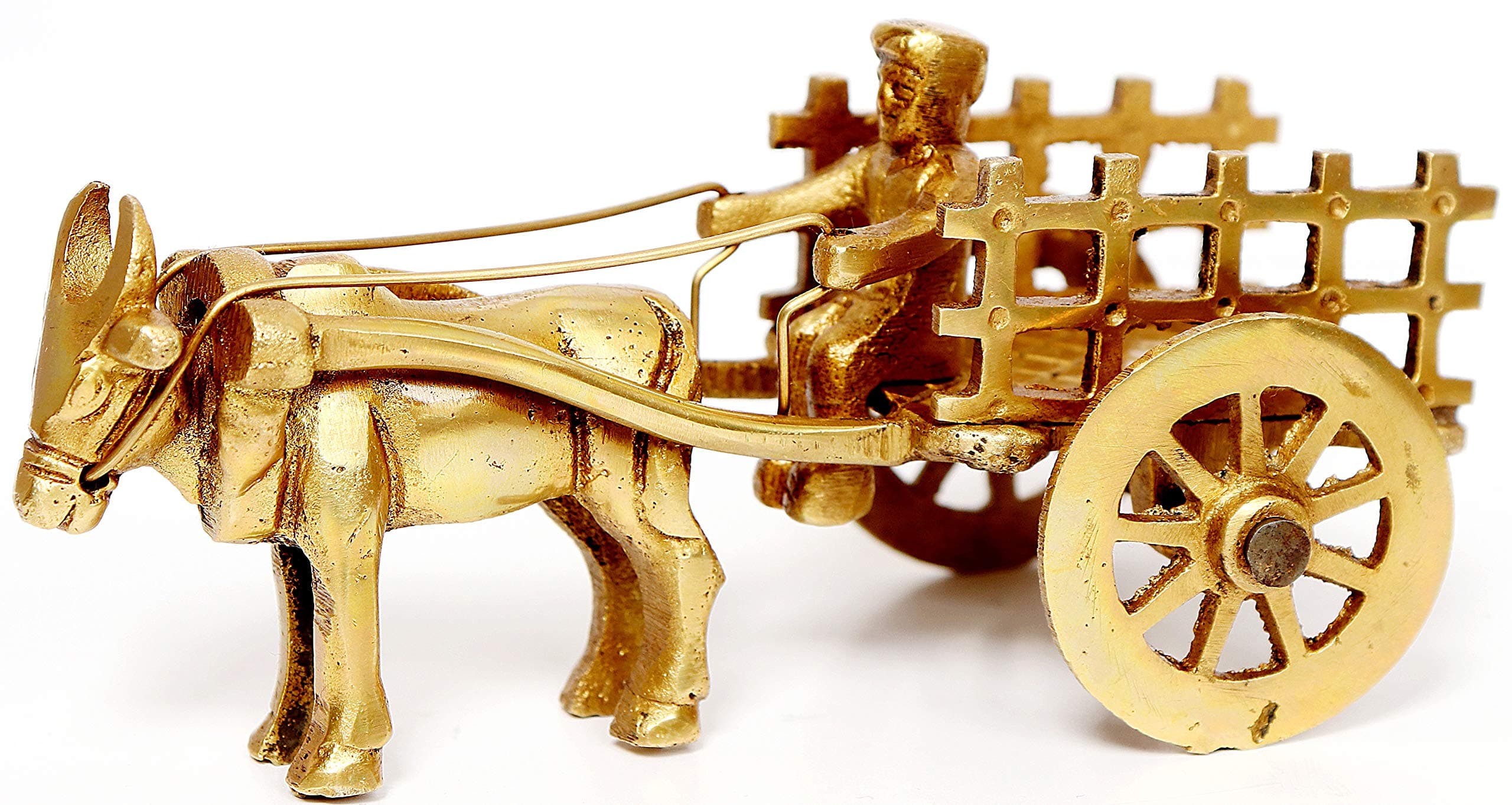 P.J.Handicrafts Brass Vintage Bullock Cart with Farmer – Decorative Showpiece for Home Decor, Office Shelf and Rustic Collectibles (6 x 5 x 11 cm)