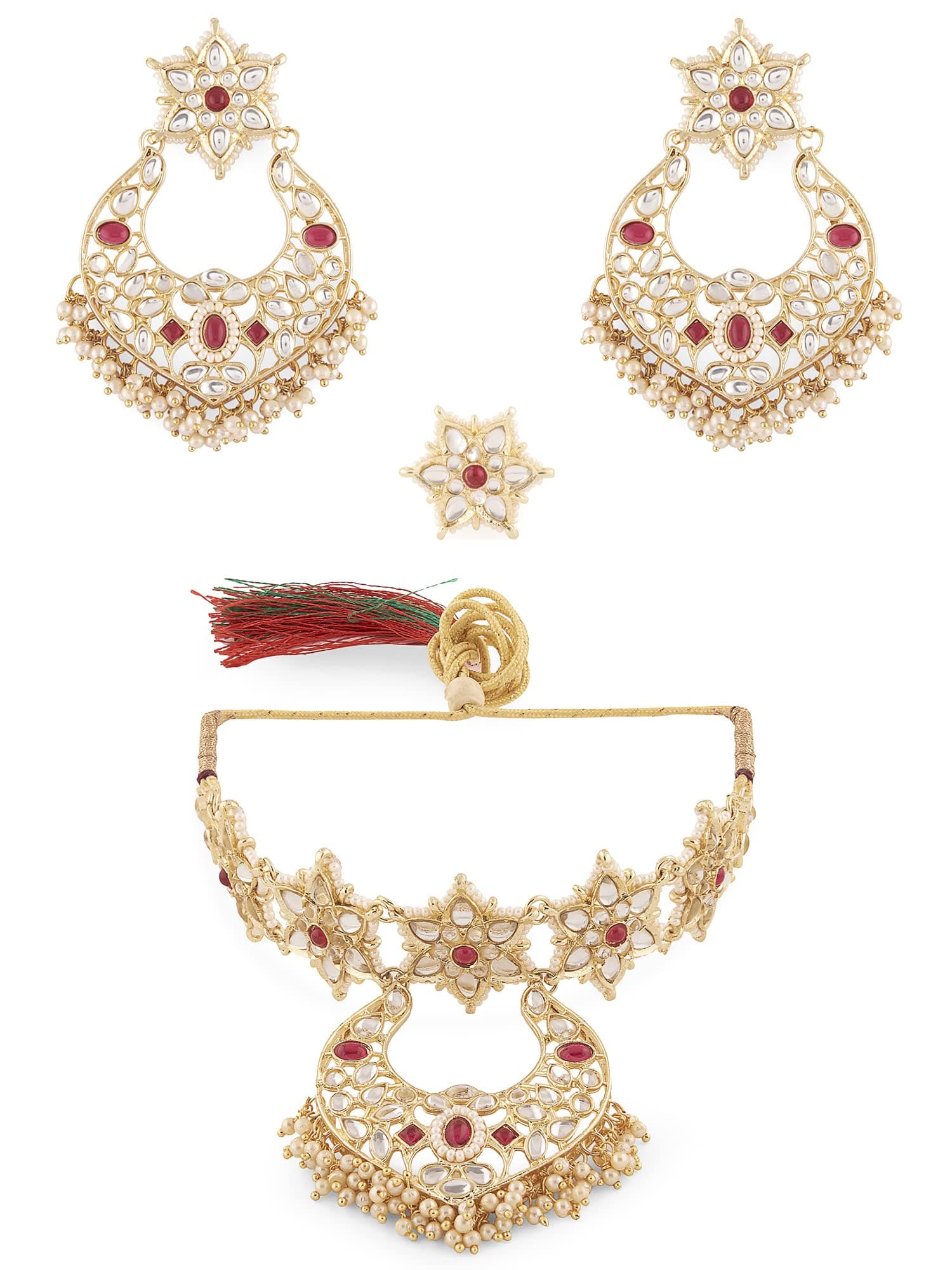 ZAVERI PEARLS Pink Kundan & Pearls Traditional Choker Necklace Earring & Ring Set For Women-ZPFK13523