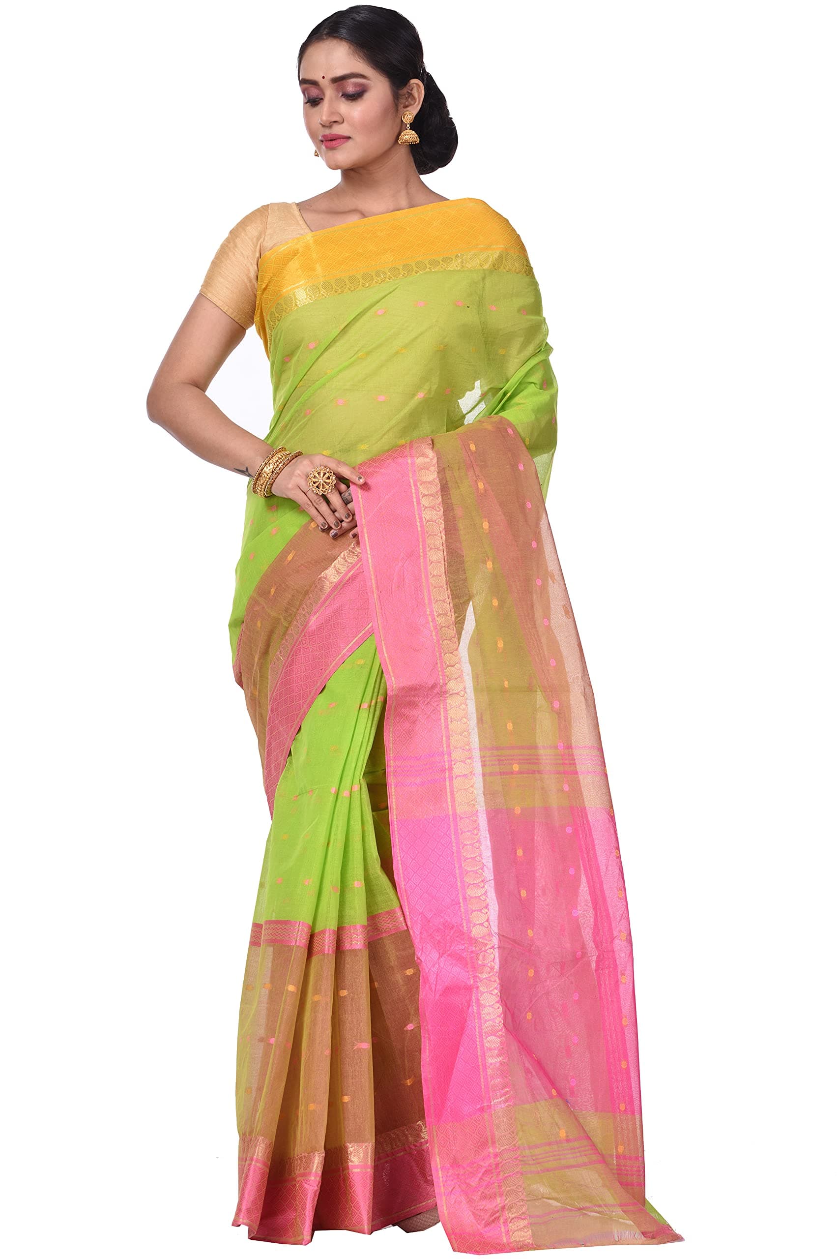 DipDiya Women Pure Cotton Traditional Bengali Woven Ganga Jamuna Buti Tant Saree