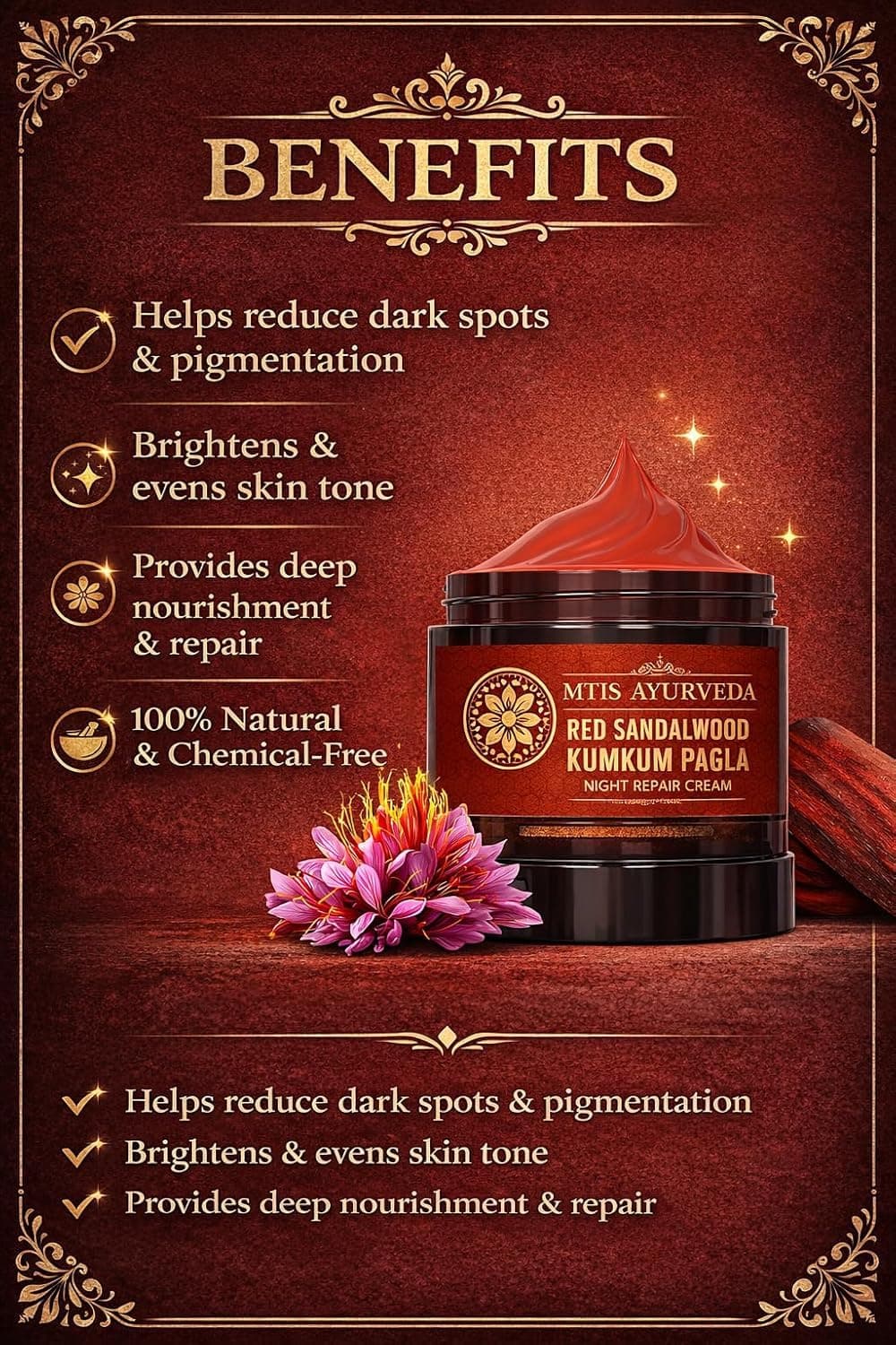 NEW Red Sandalwood Skin Brightening & Night Repair Cream For Men & Women – For Natural, Anti-Aging, Hydrating, And Radiant Skin, Natural, Ayurvedic pack of 1 50g