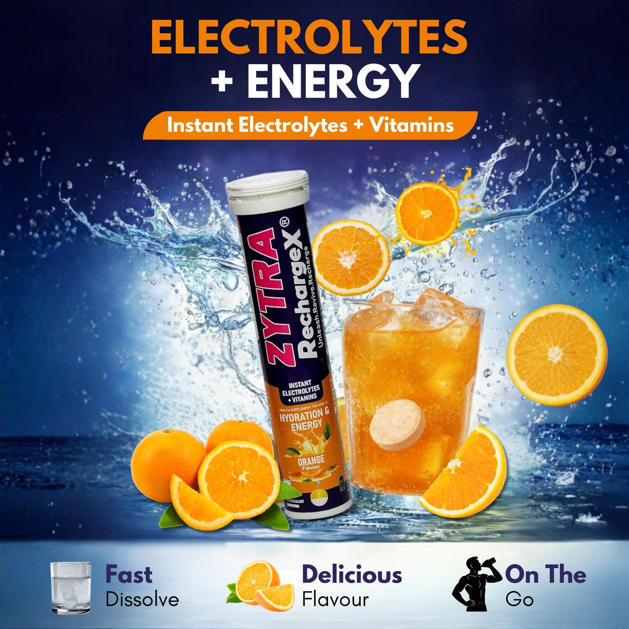 Zytra RechargeX Electrolyte Effervescent Tablets - Orange Flavour, 80 g (20 Tablets), Instant Hydration & Energy with Vitamins