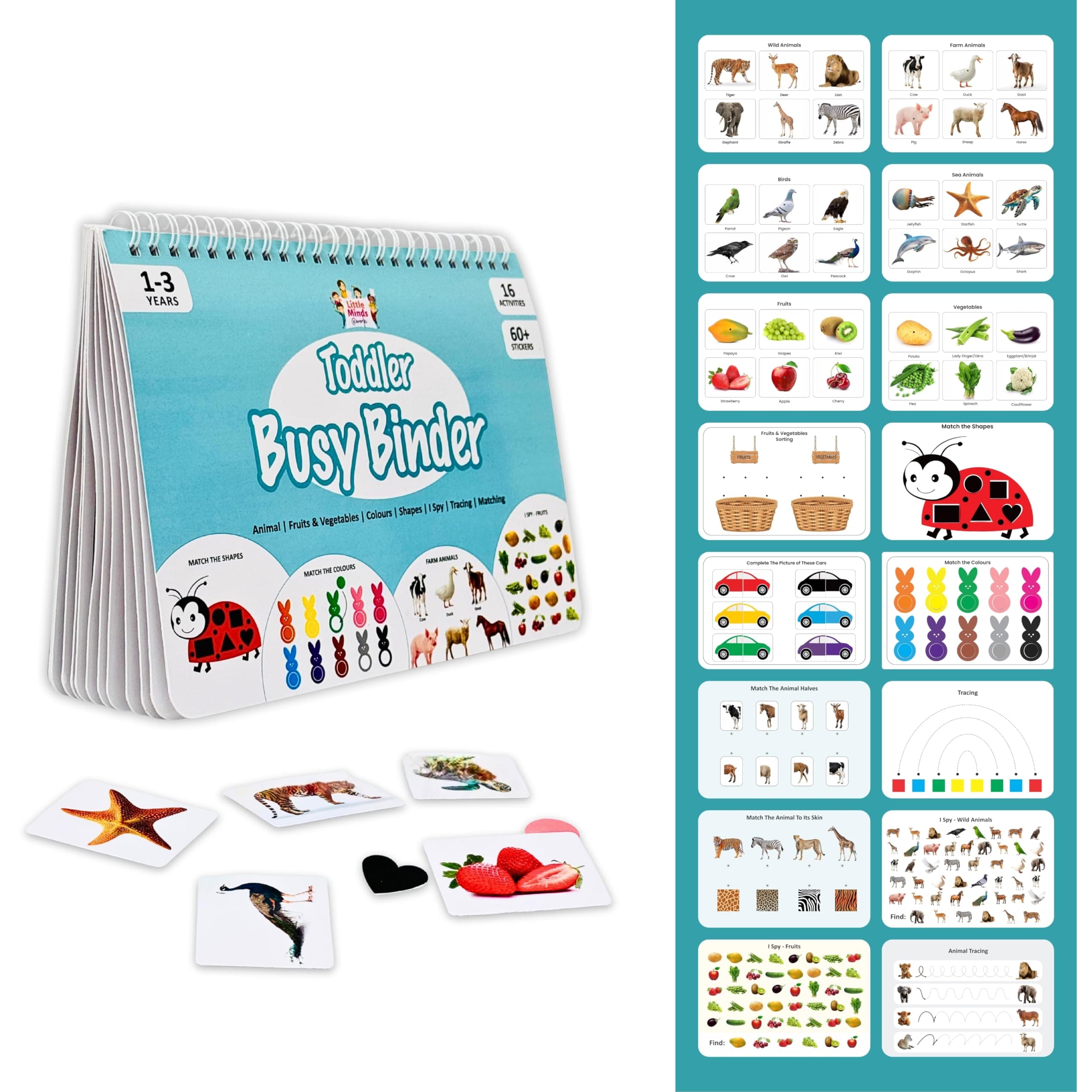 Little Minds at Work Toddler Busy Binder Activity Book for Kids 1 - 4 Years | 16 Reusable Early Learning Preschool Montessori Activities | Travel-Friendly, Screen-Free Educational Toy