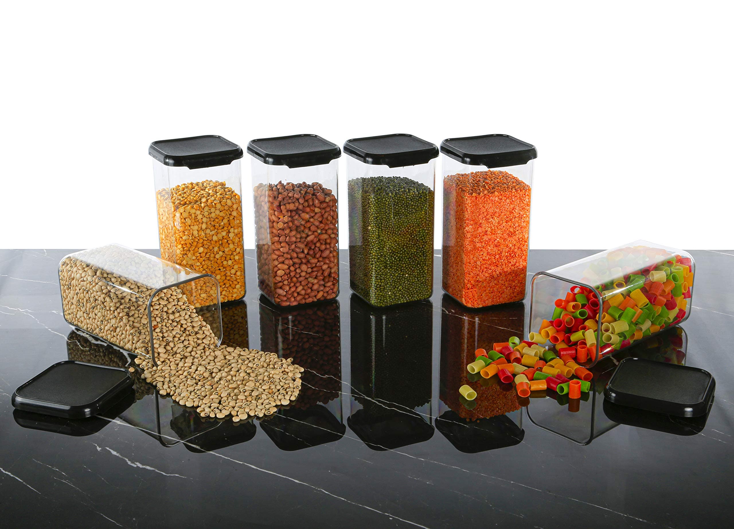 PMS Airtight Storage Containers for Kitchen | Stackable & Leak Proof Food Storage Jars | BPA Free Plastic | Ideal for Spices, Dry Fruits, Pulses (6, Transparent Body with Black Lid, 1100)