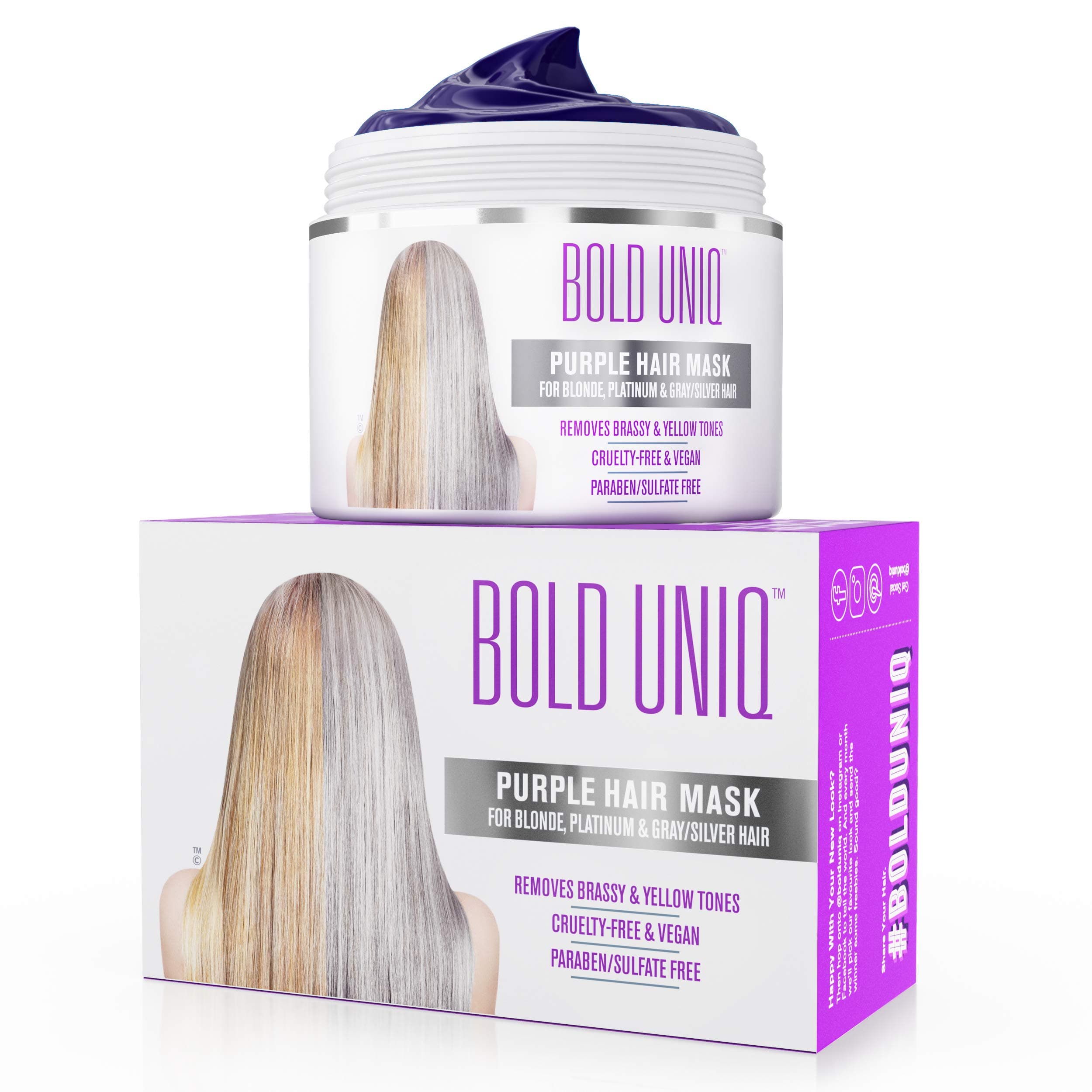 Bold Uniq Purple Hair Mask For Blonde, Platinum & Silver Hair - Banish Yellow Hues: Blue Masque to Reduce Brassiness & Condition Dry Damaged Hair - Sulfate Free Toner - 7.27 Fl. Oz / 215 ml
