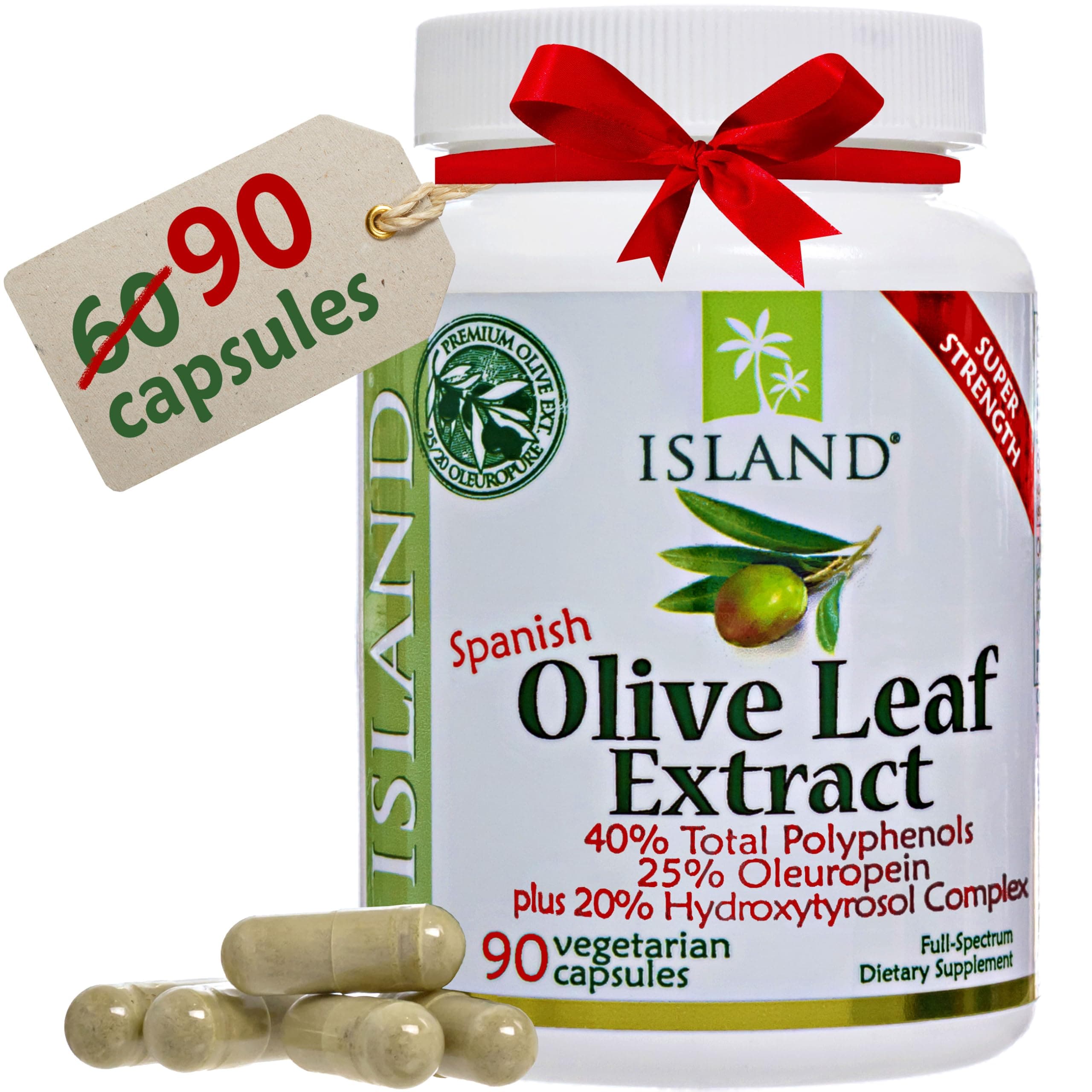 Island Nutrition Professional-Strength Olive Leaf Extract 25% Oleuropein Plus Hydroxytyrosol, 90 Caps, 500 mg