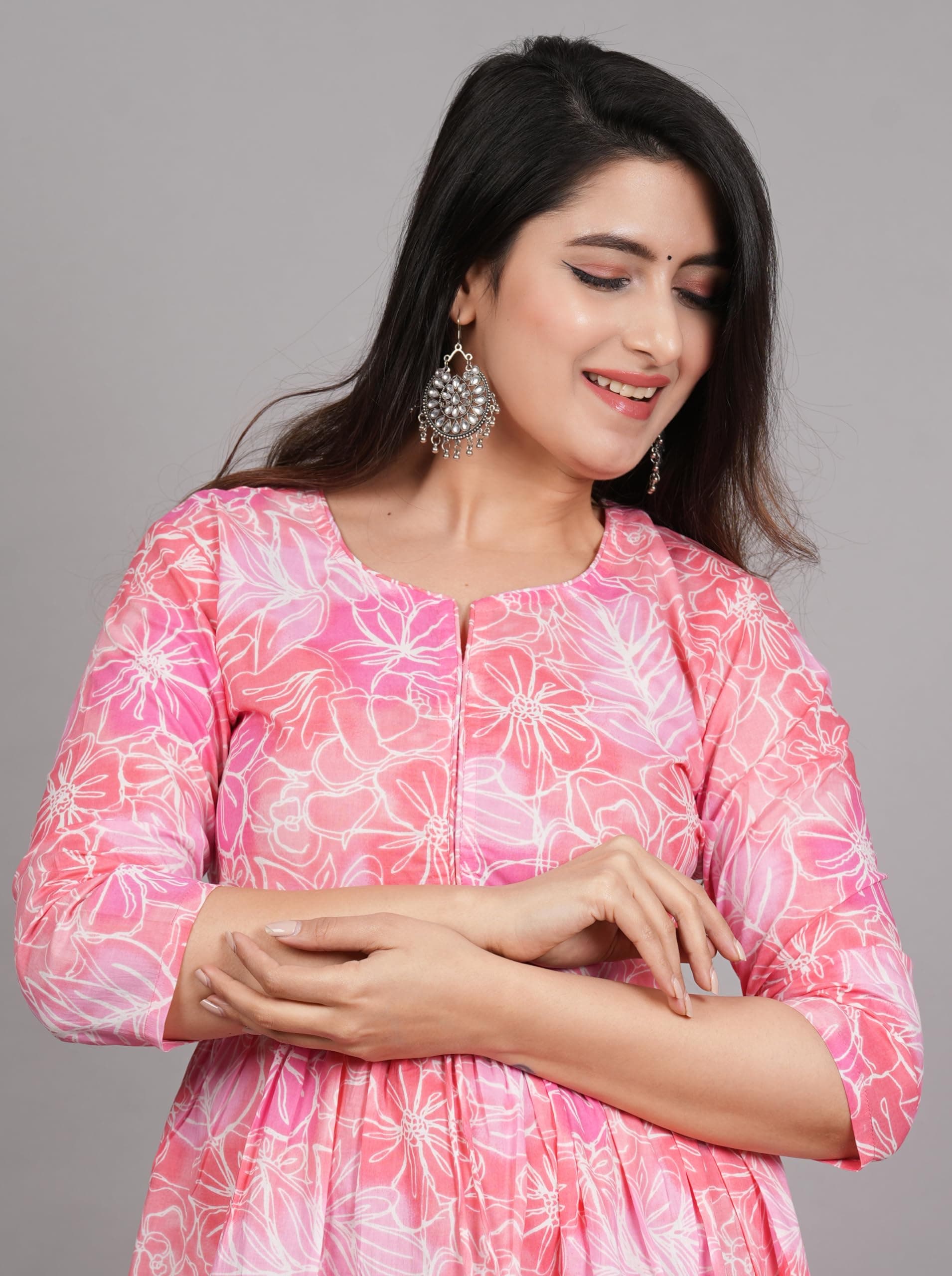 Monique Brand Women's/Girls Cotton Kurta for Women Floral Printed Regular Fit Anarkali Kurta || Floral Flared Western Dress, Large