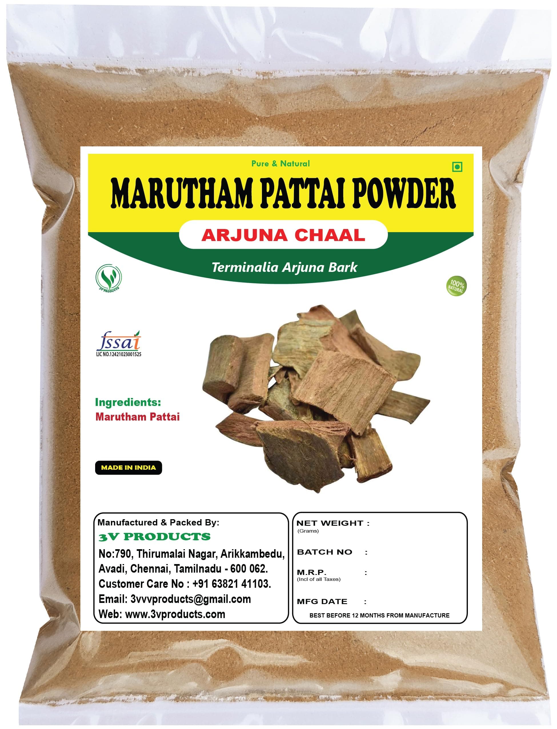 Marutham Pattai Powder 100g | Terminalia Arjuna Bark | Arjuna Chaal | Arjun ki Chaal | Arjun Bark (Pack of 1)