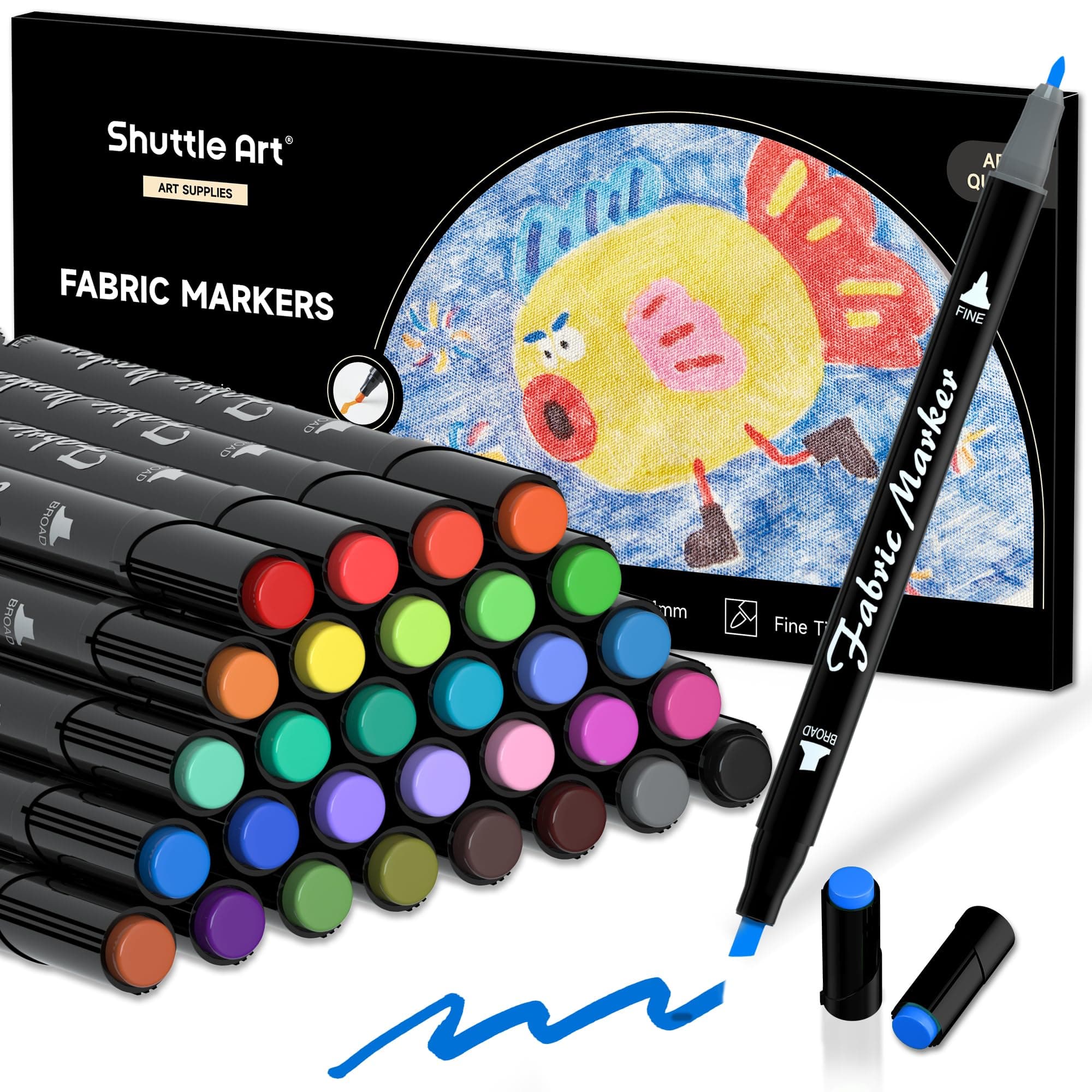 SHUTTLE ART Fabric Markers Pens, 30 Colors Dual Tip Fabric Markers Permanent No Bleed Markers for T-Shirts Sneakers, Non-Toxic & Child Safe Permanent Fabric Pens for Kids Adult Painting Writing