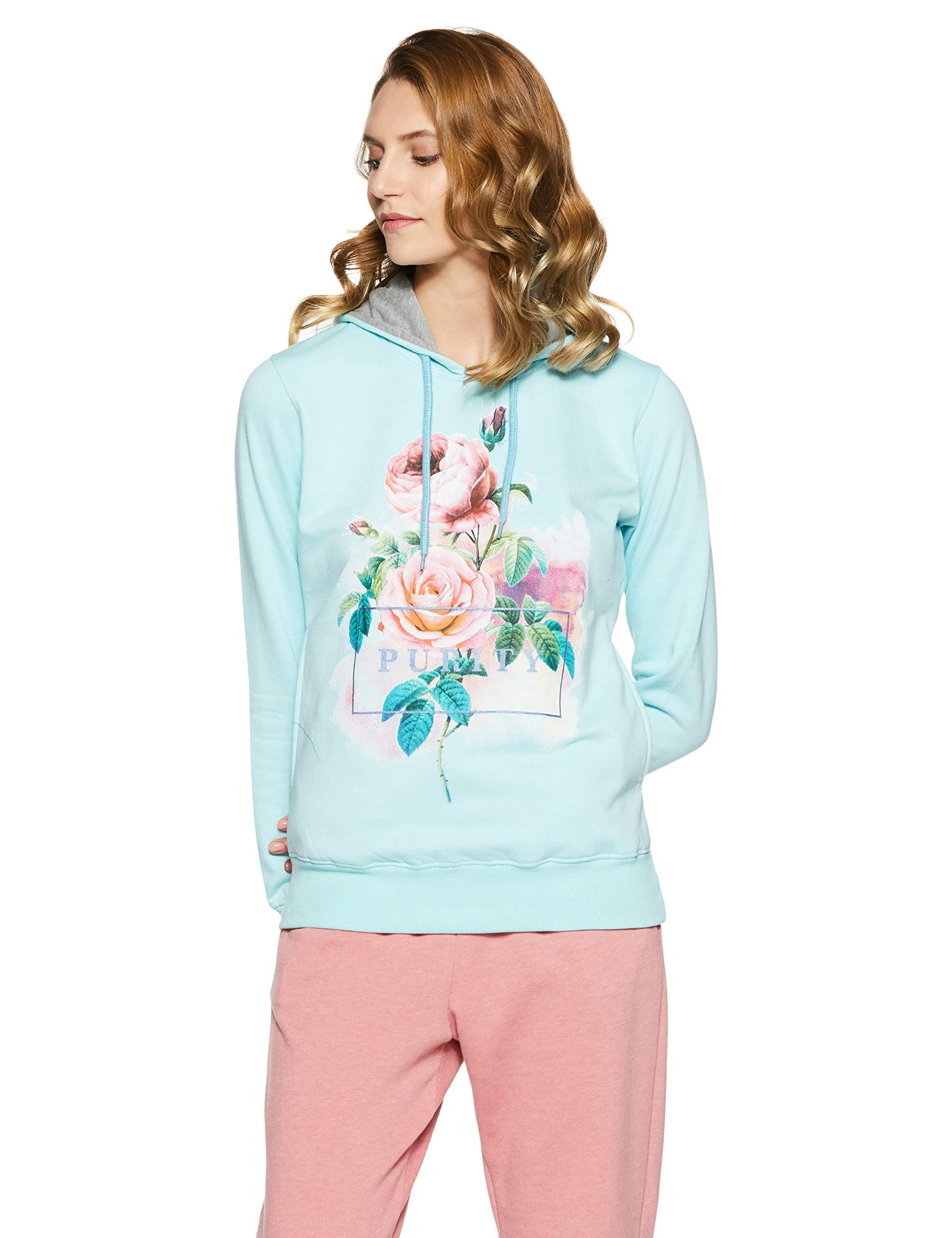 Qube By Fort Collins Women Cotton Hooded Neck Sweatshirt 302 SMU_L_Turquoise Blue_Turquoise Blue_L