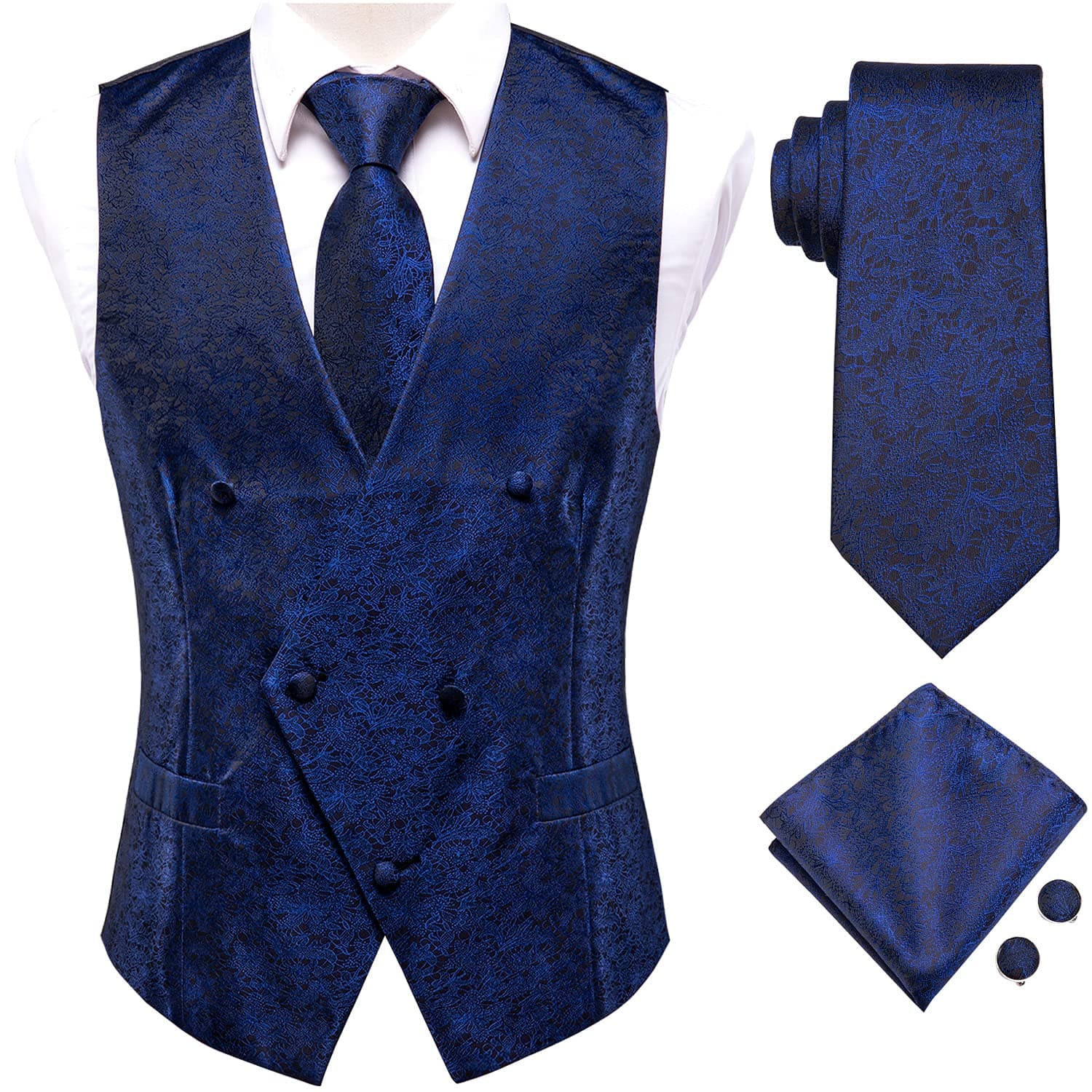 Hi-Tie Men's Silk Slim Fit Suit Vest Necktie Pocket Square Cufflinks Set Tuxedo Waistcoat for Wedding Party Business, Y-royal Blue, Medium