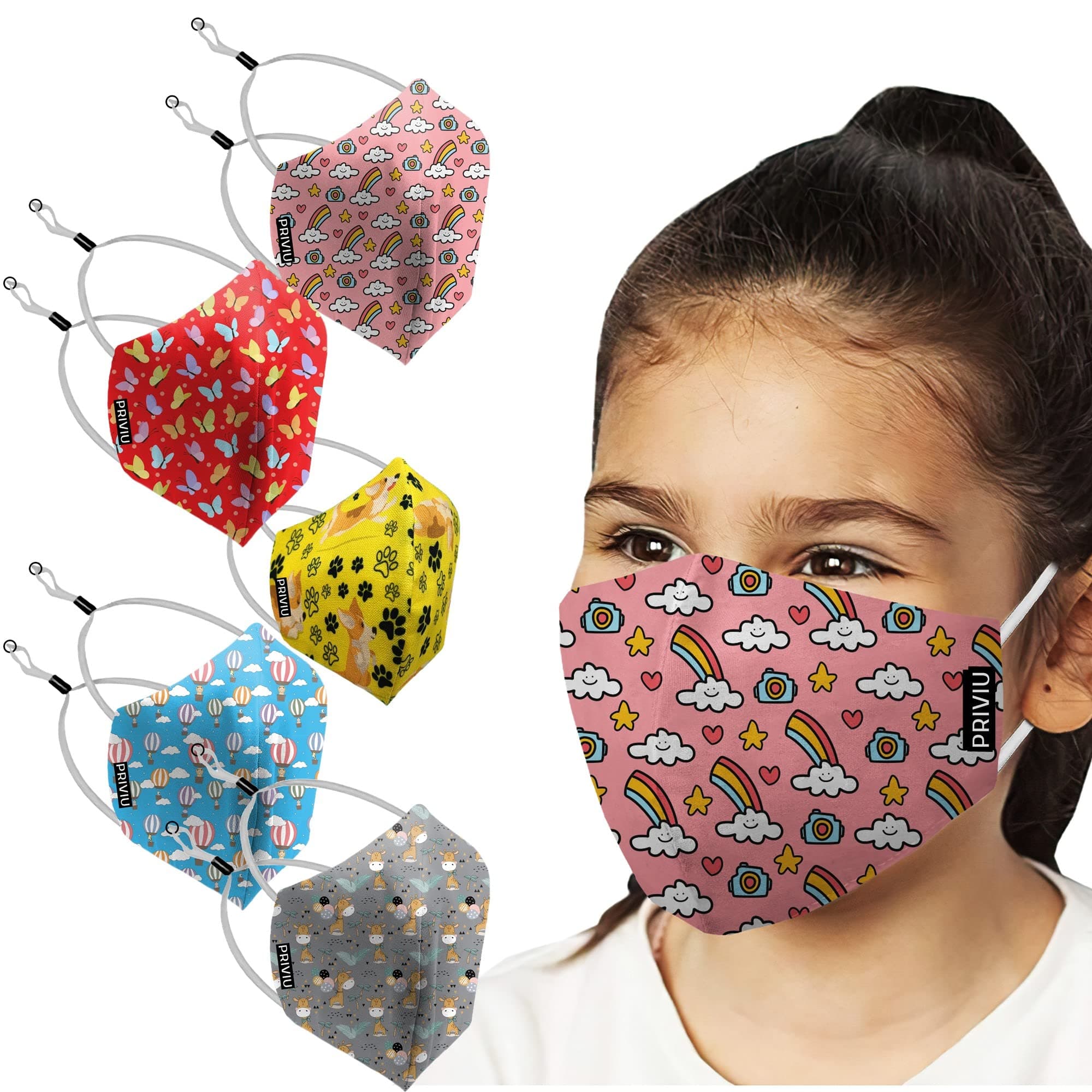 PRIVIU Face Masks for Boys and Girls 3 to 6 Years, Washable Reusable, 3D Comfortable Face Mask, 4 Layer with Pure Cotton Inner Cloth, Pack of 5 (Over-Head Strap (NOT Ear Loop)