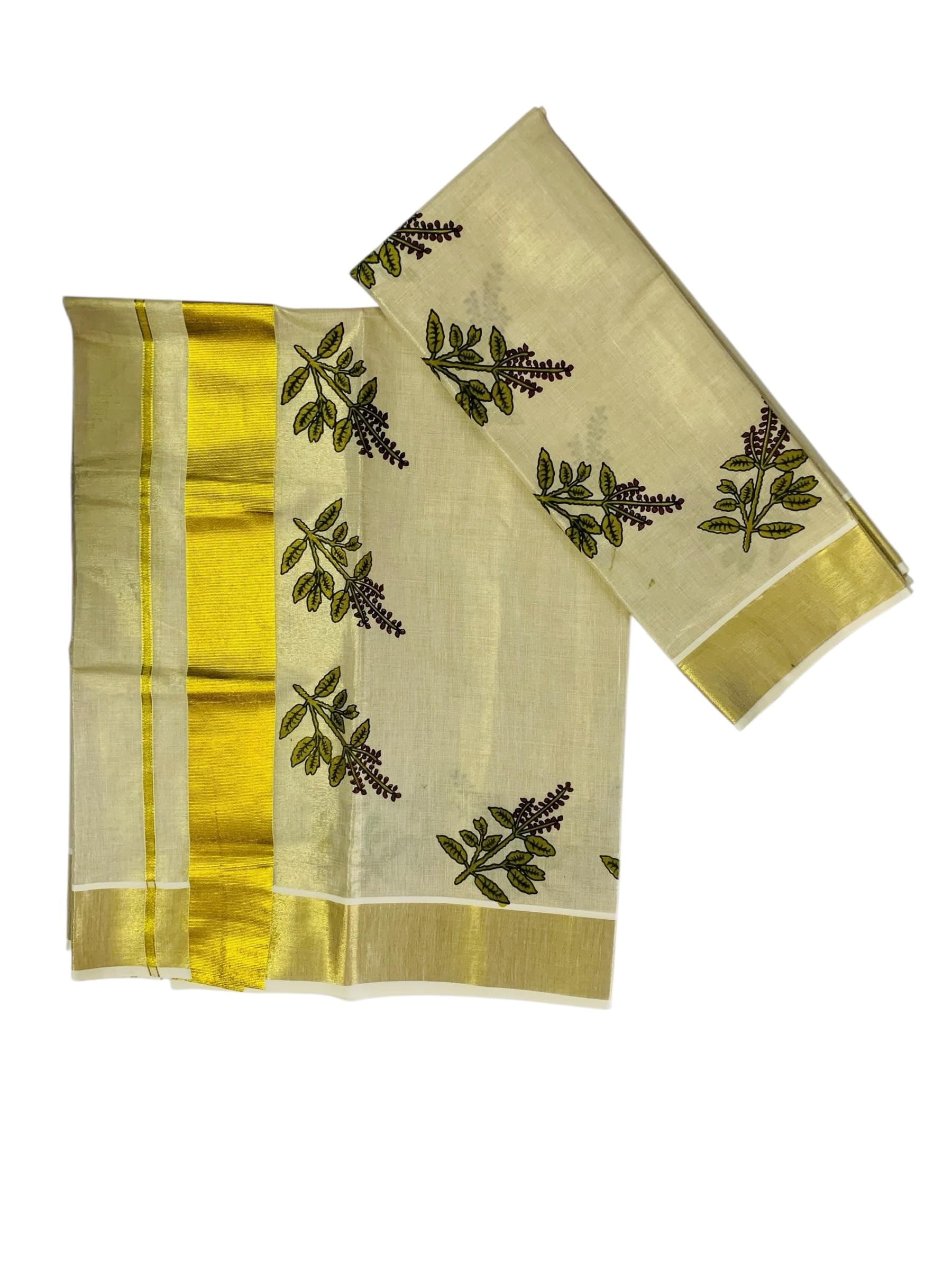 Kuthampully Women’s Tissue Kerala Kasavu Set Mundu Mural Tulsi (Thulasi) - Golden Zari EKM-141