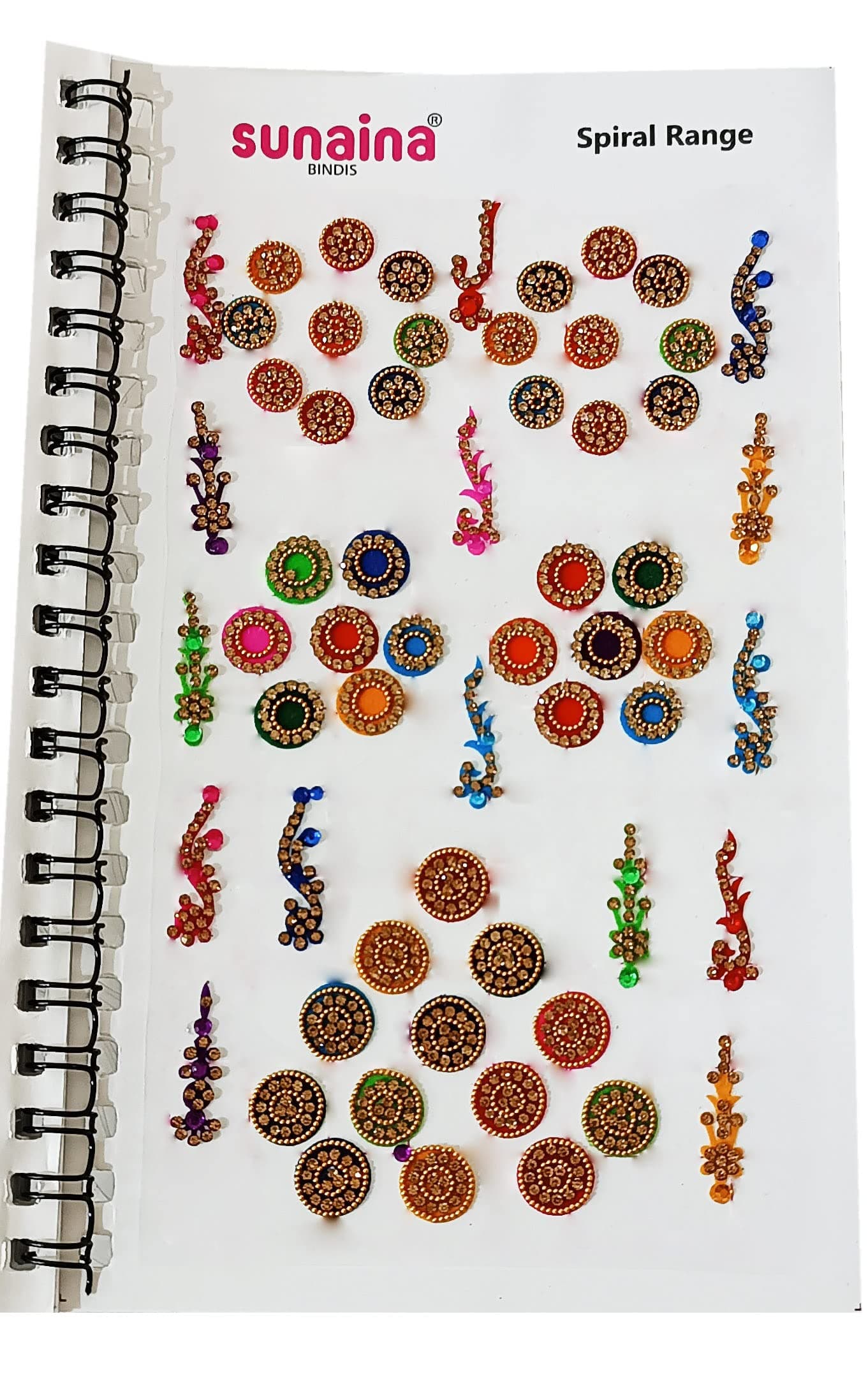 SUNAINA (Original) Spiral Multicolor Mix Size Mix Designer Assorted Velvet Self-Adhesive Paper Cutting Golden Diamond Stone Round Long Sparkle Kumkum Bindi Book For Women & Girl