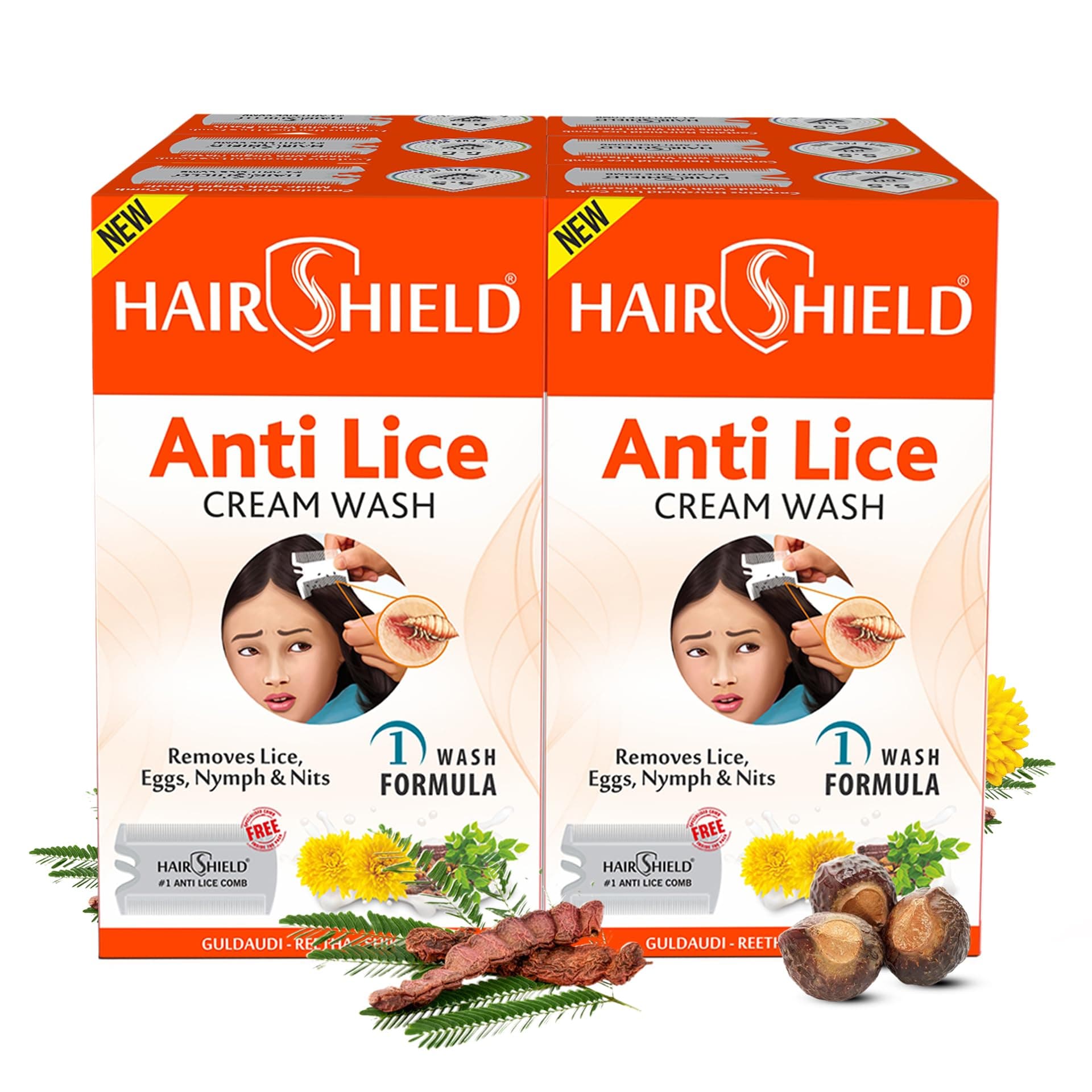 Hairshield Anti Lice Cream Wash (New Pack of 6 x 30ml) | Each Pack with New Big Lice Specialist Comb | Made with Guldaudi, Reetha & Shikakai | Effective for Kids, Men & Women | 1 Wash Formula