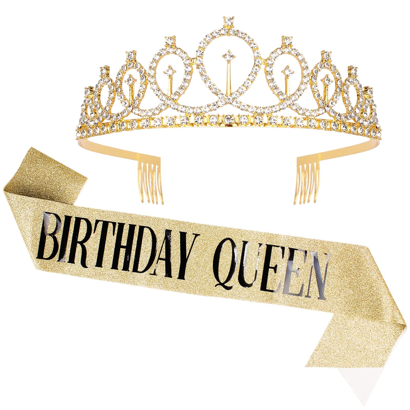 CAVETEE Birthday Queen Sash and Crown for Women Rhinestone Tiara & Sash Happy Birthday Party Decorations Favors Supply Gifts for Women, 2 Piece Set, Fabric