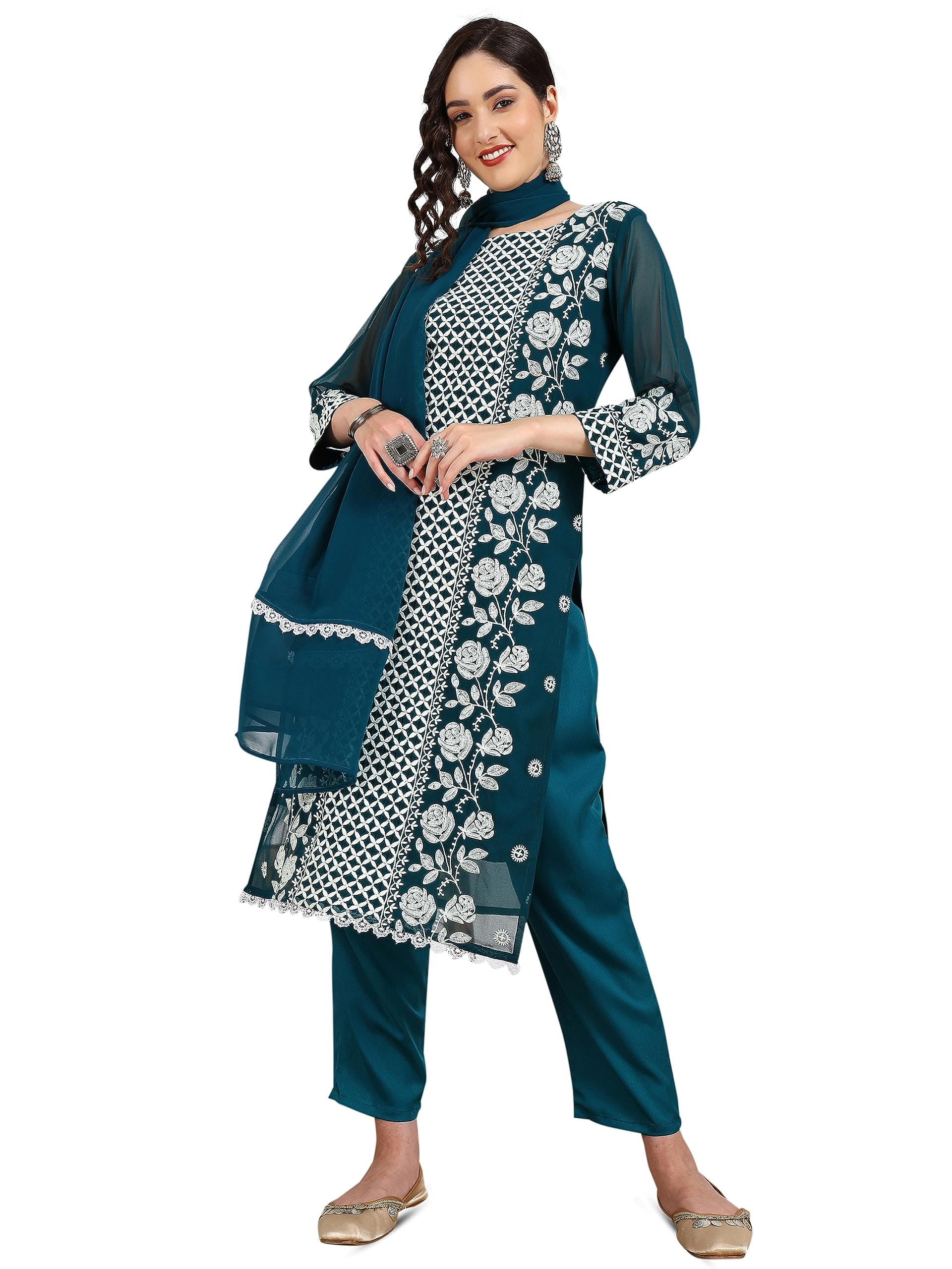 EthnicJunction Women's Georgette Chikankari Embroidered Straight Kurta Pant with Dupatta Set Teal