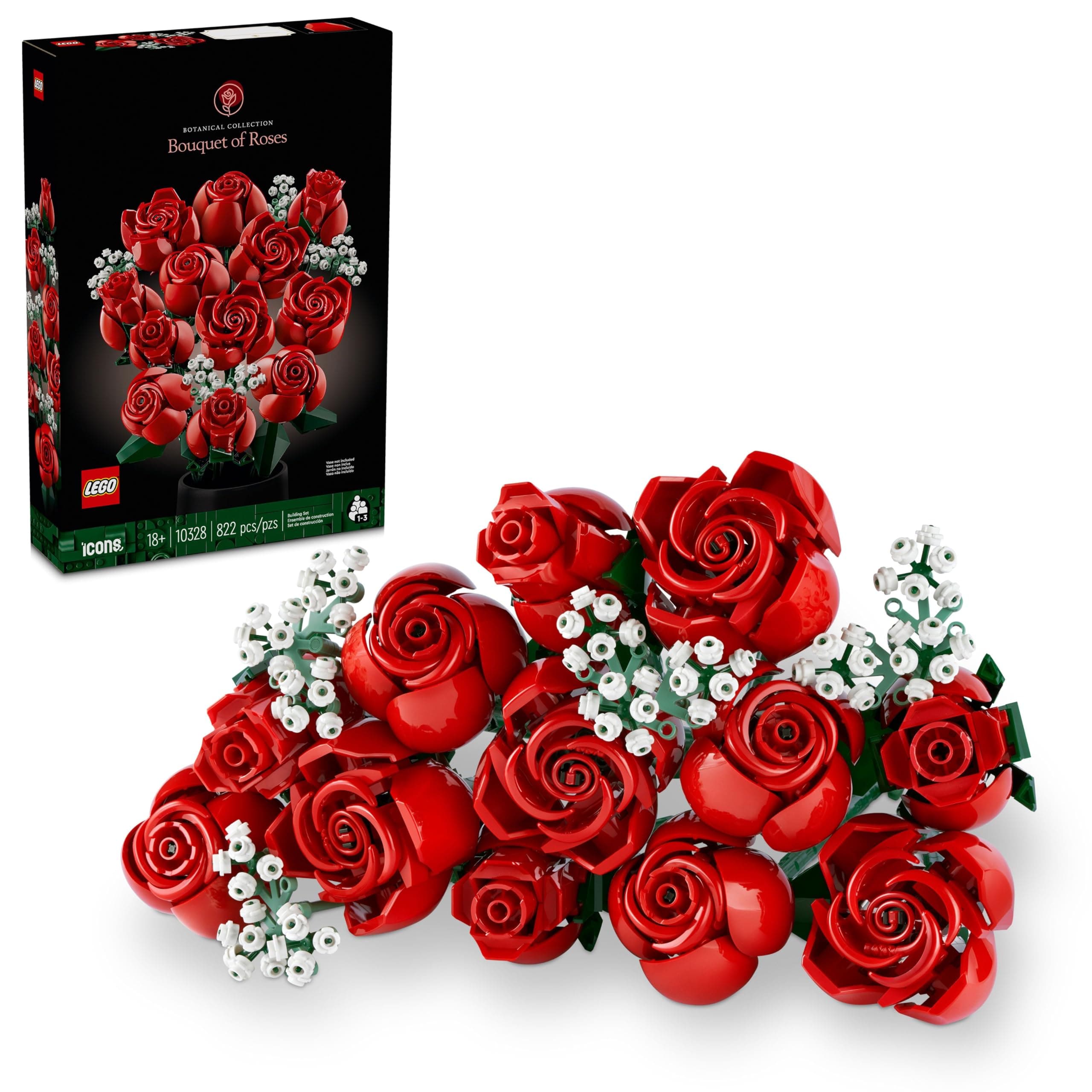 LEGO Botanicals Bouquet of Roses Artificial Flowers - Fake Red Roses Building Set for Adults, Ages 18+ - Gifts for Anniversary for Women & Men - Home Decor for Table Display - 10328