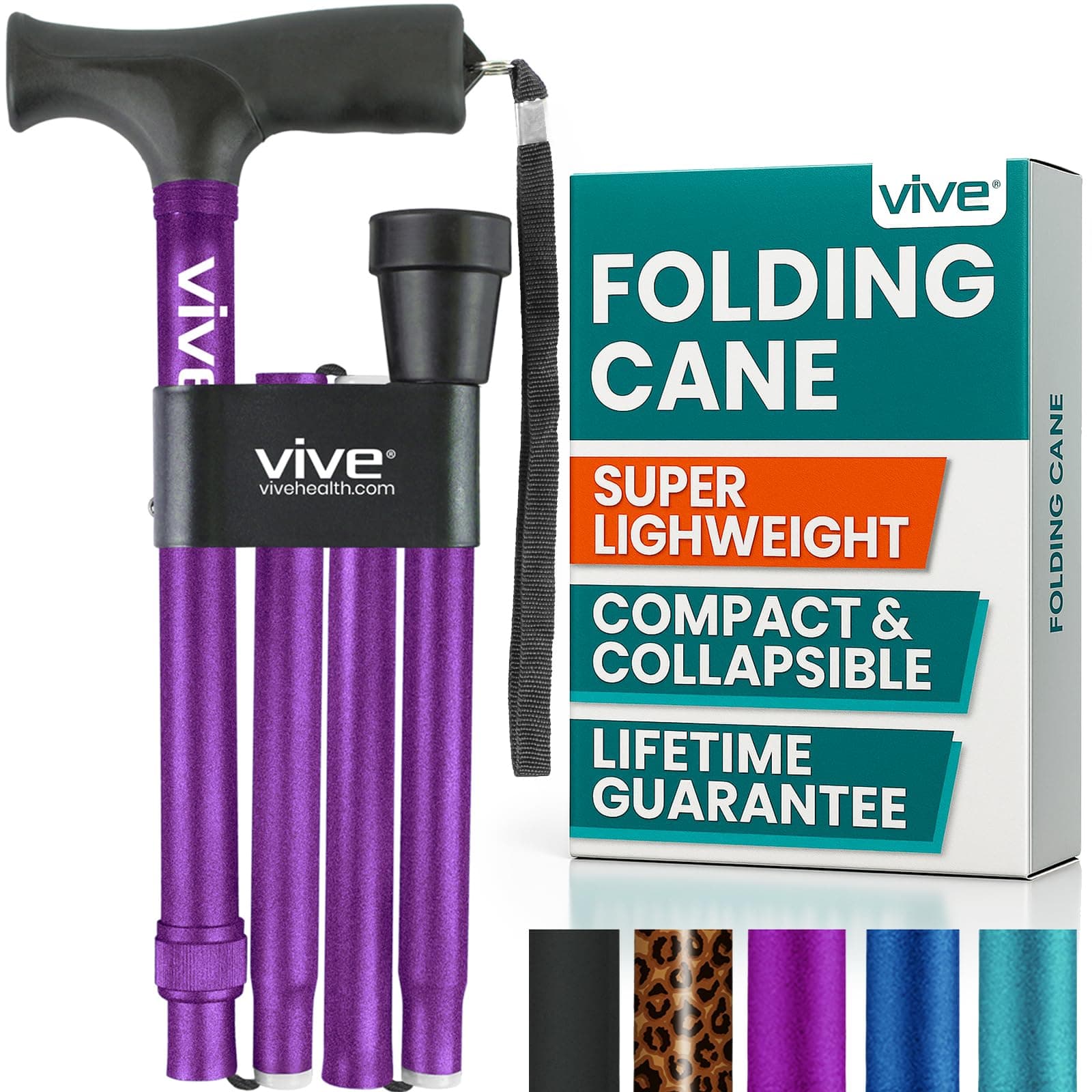 Folding Cane by Vive - Walking Cane for Men & Women - Collapsible, Lightweight, Adjustable & Portable Walking Stick Mobility Aid - Sleek Look & Comfortable Handles (Purple)