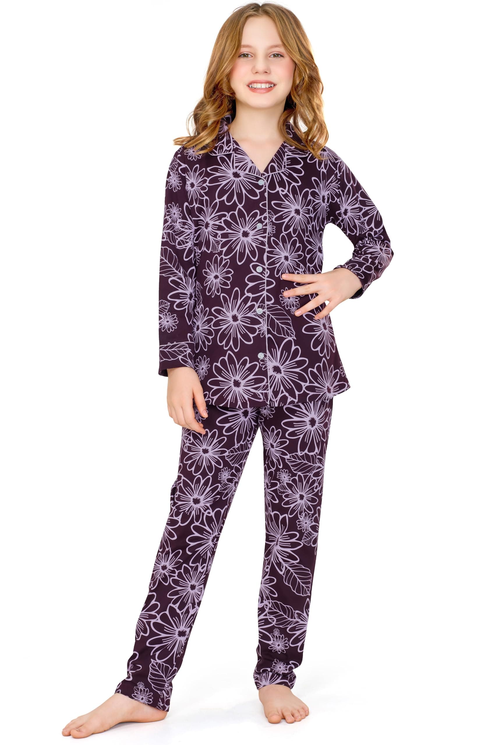 ZEYO Night Suit for Girl's Floral Printed Cotton Night Dress of Shirt and Pajama Set 5535