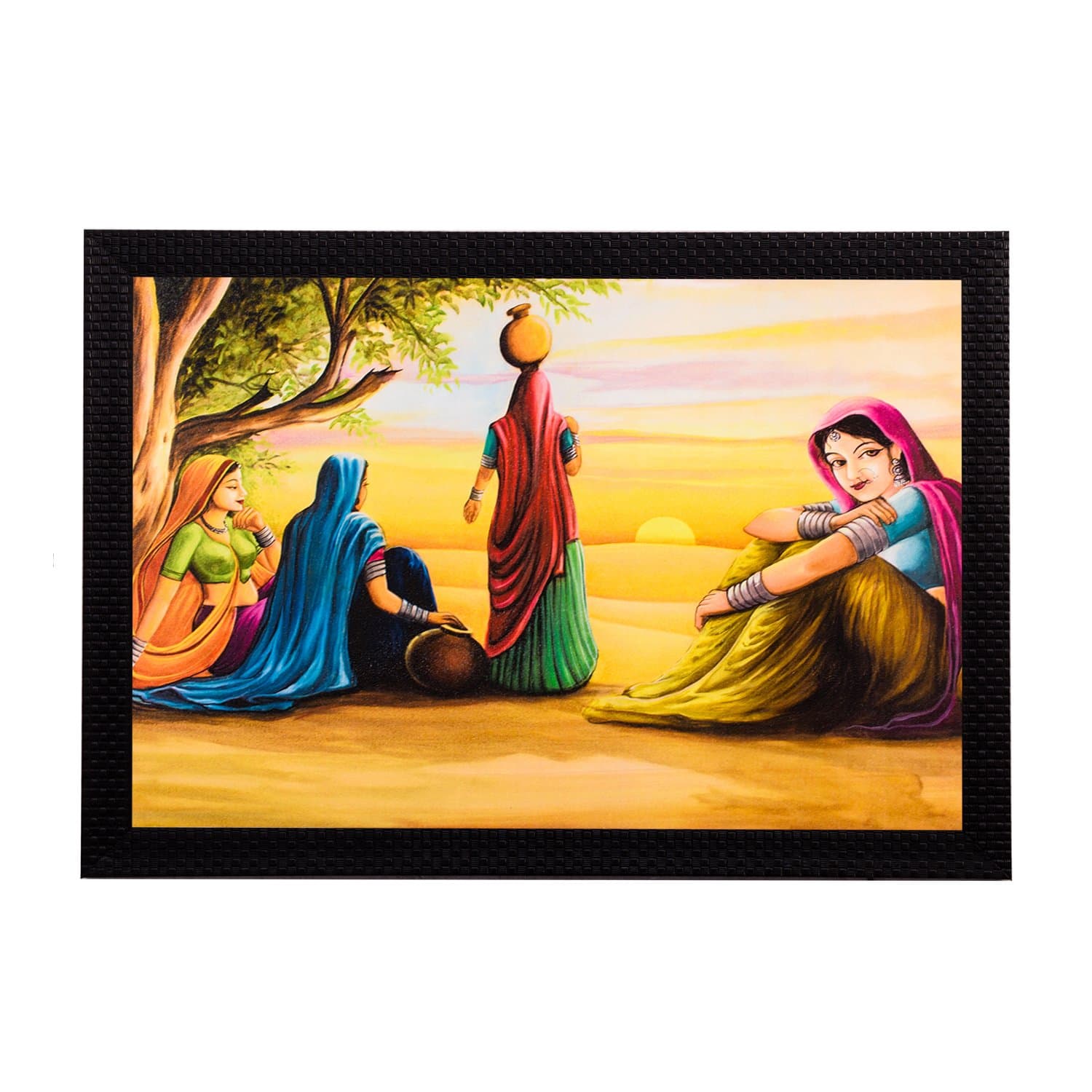 eCraftIndia Village Women Satin Matt Texture Framed Synthetic Wood UV Art Painting (35.56 cm x 1.27 cm x 27.94 cm)