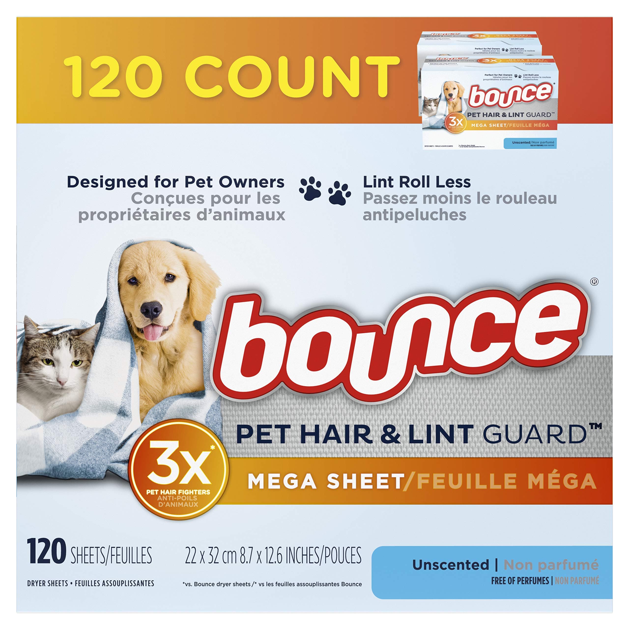 Bounce Pet Hair and Lint Guard Mega Dryer Sheets for Laundry, Fabric Softener with 3X Pet Hair Fighters, Unscented, Hypoallergenic, 120 Count
