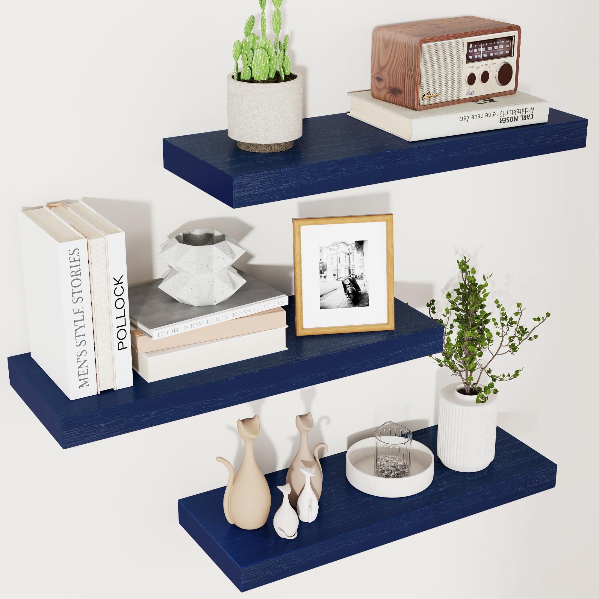 Floating Shelves, Solid Wood Wall Mounted Shelves with Invisible Brackets for Bedroom Living Room Bathroom Kitchen, Shelves for Wall Decor Storage Set of 3, Black