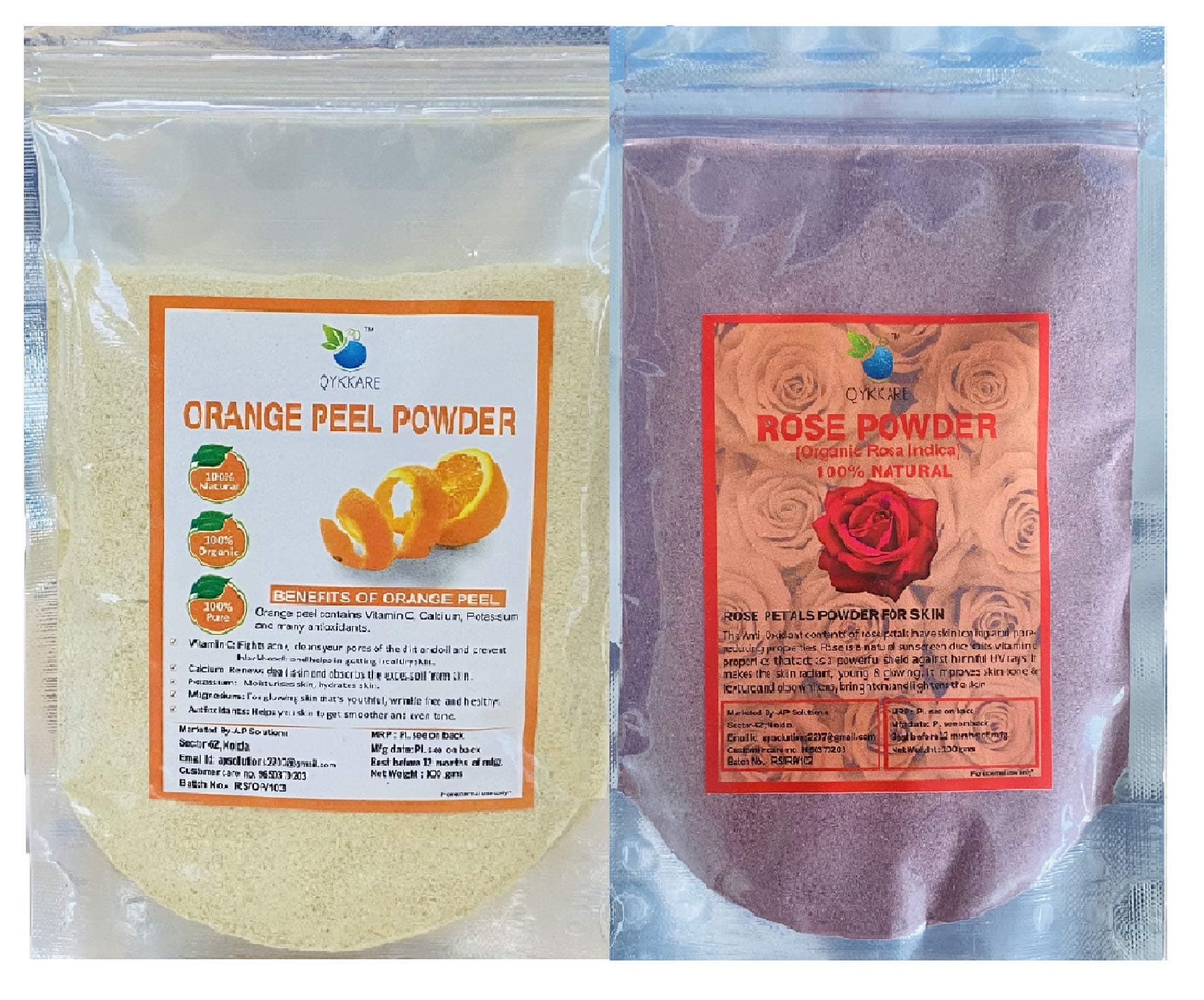 QYKKARE Orange Peel and Rose Petals Powder Combo Pack (100 gm X 2)