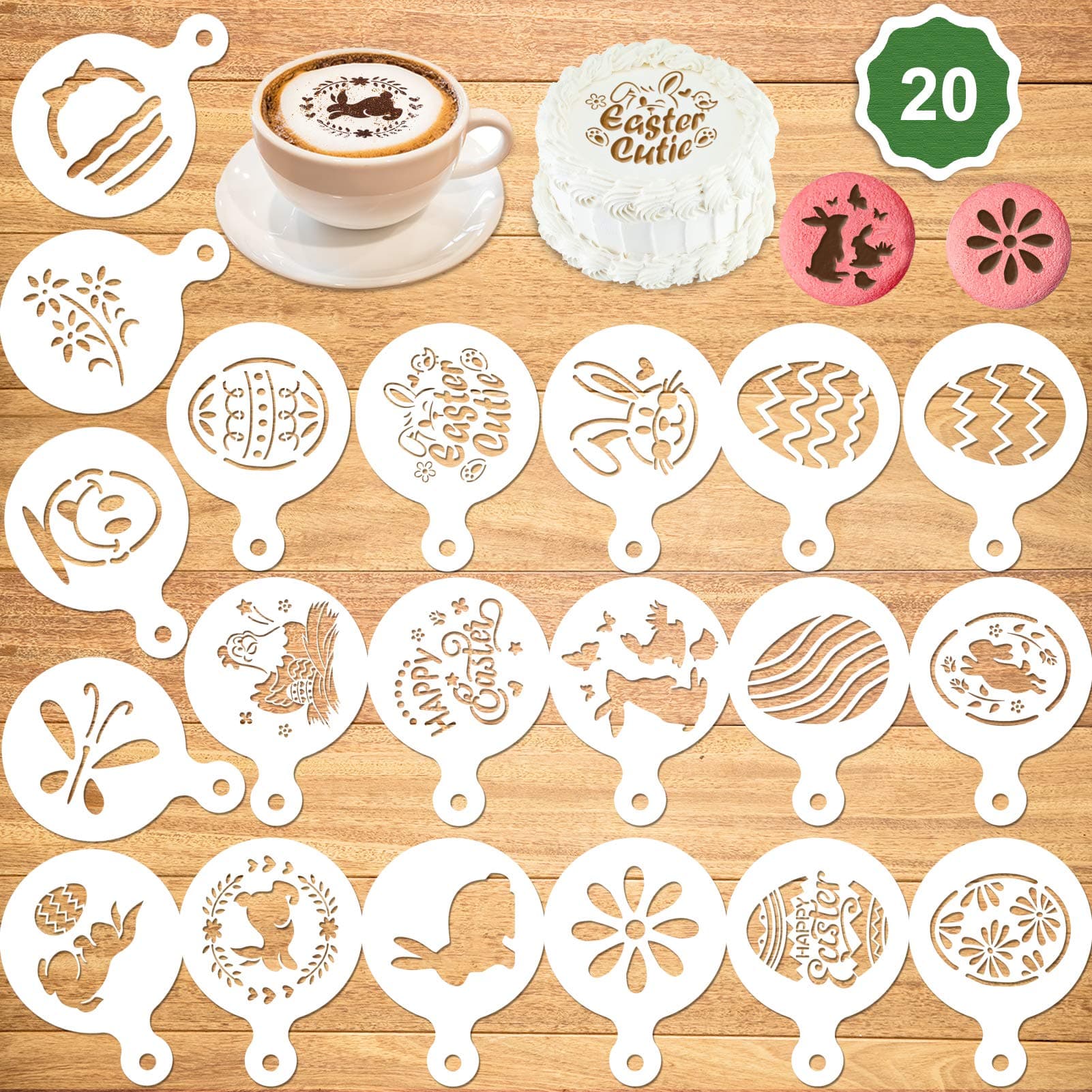 Konsait 20Pack Easter Cake Stencil Templates Decoration, Reusable Easter Eggs Rabbit Cake Cookies Baking Painting Mold Tools, Dessert, Coffee Decorating Molds Cappuccino Mousse Hot Chocolate